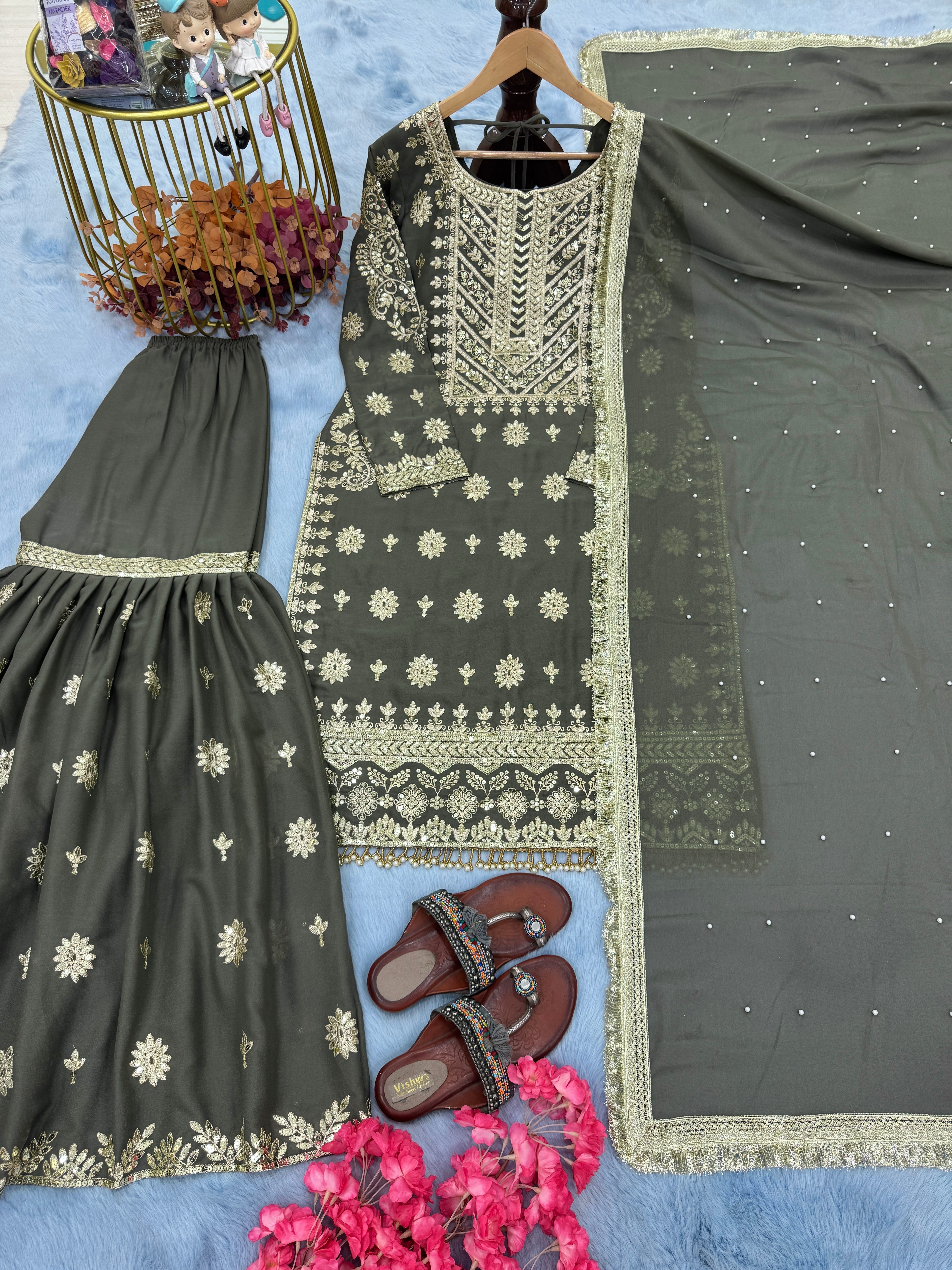 Designer Party Wear Look Top Plazzo & Dupatta Set
