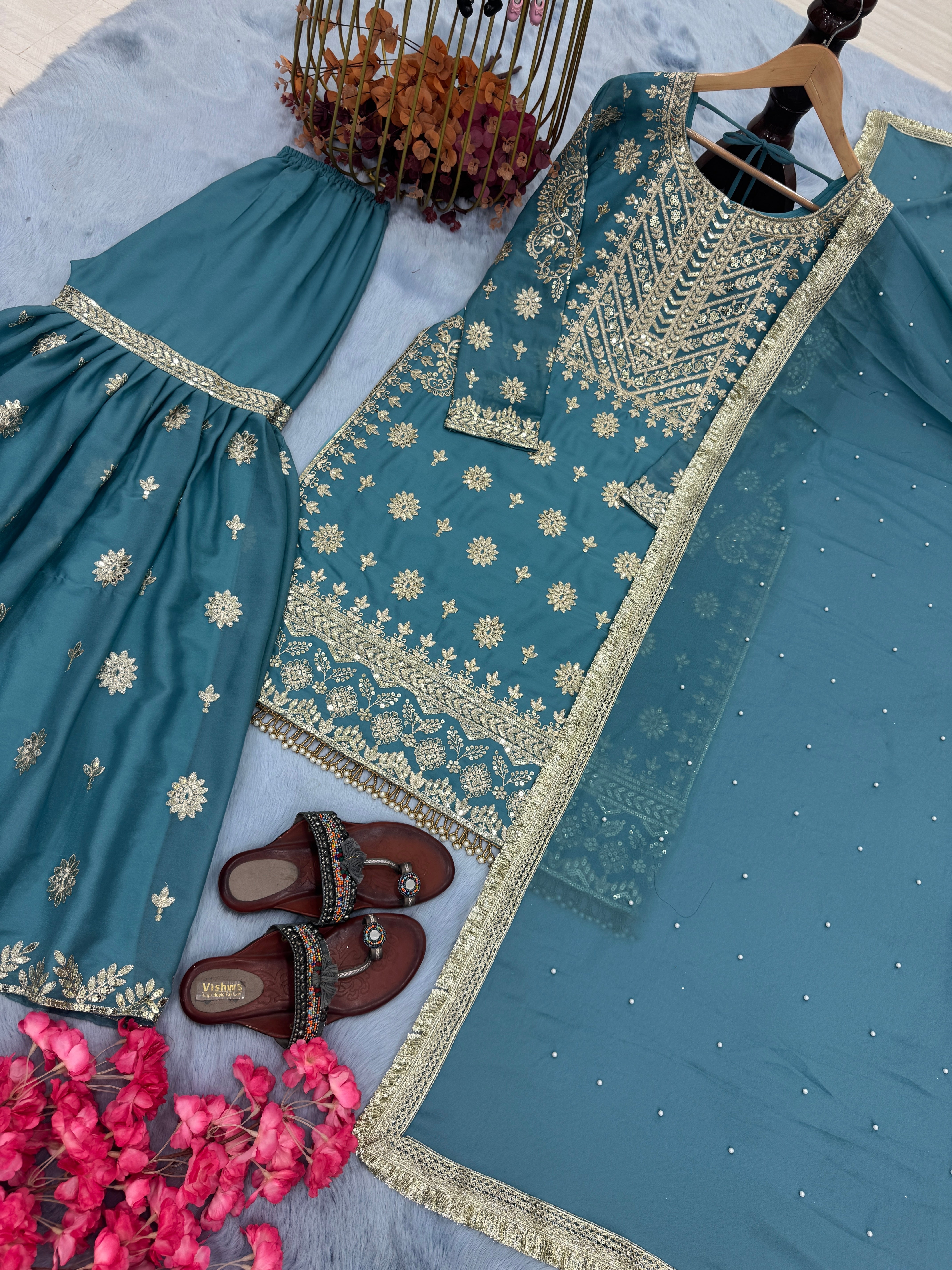 Designer Party Wear Look Top Plazzo & Dupatta Set