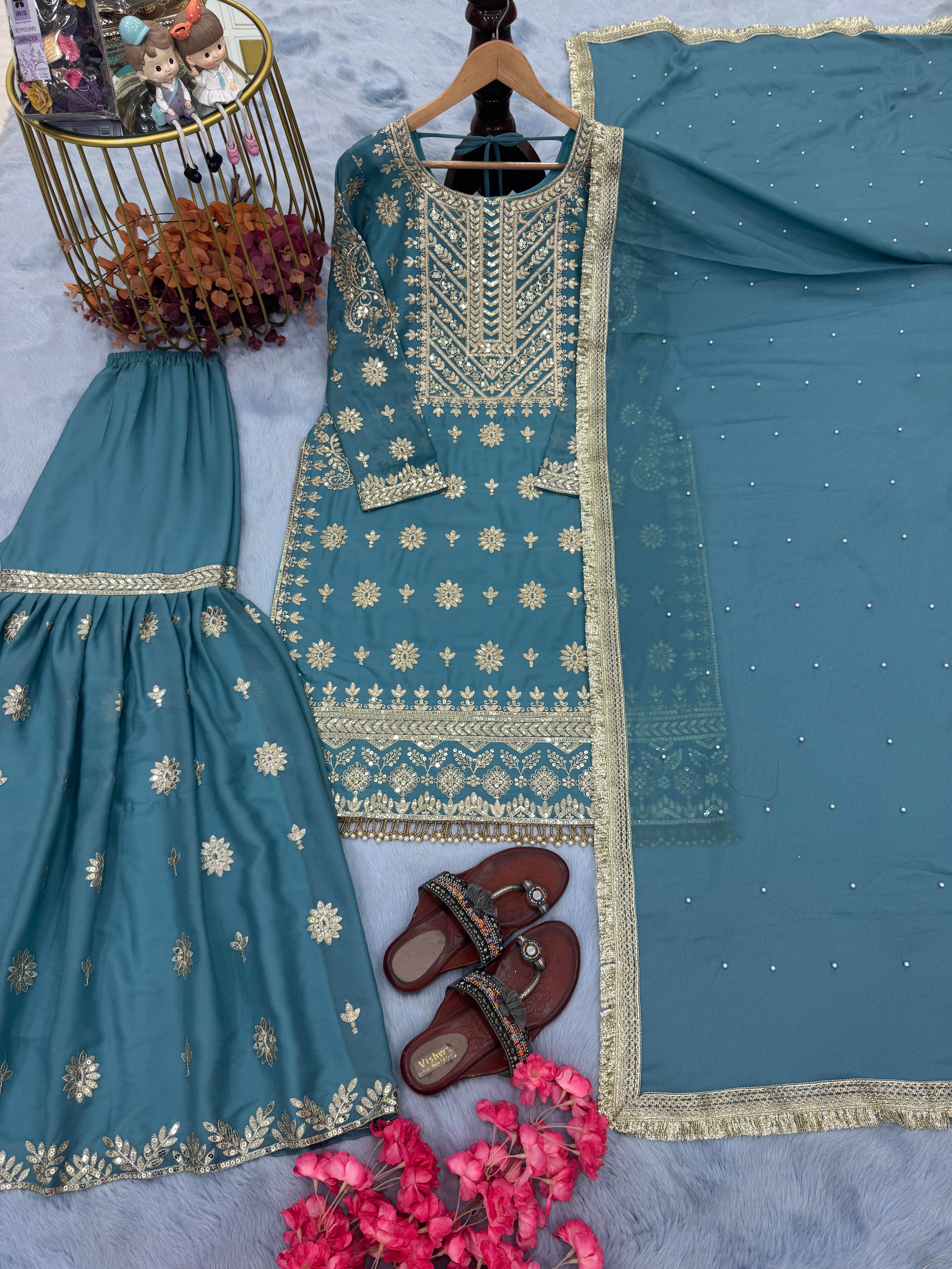 Designer Party Wear Look Top Plazzo & Dupatta Set