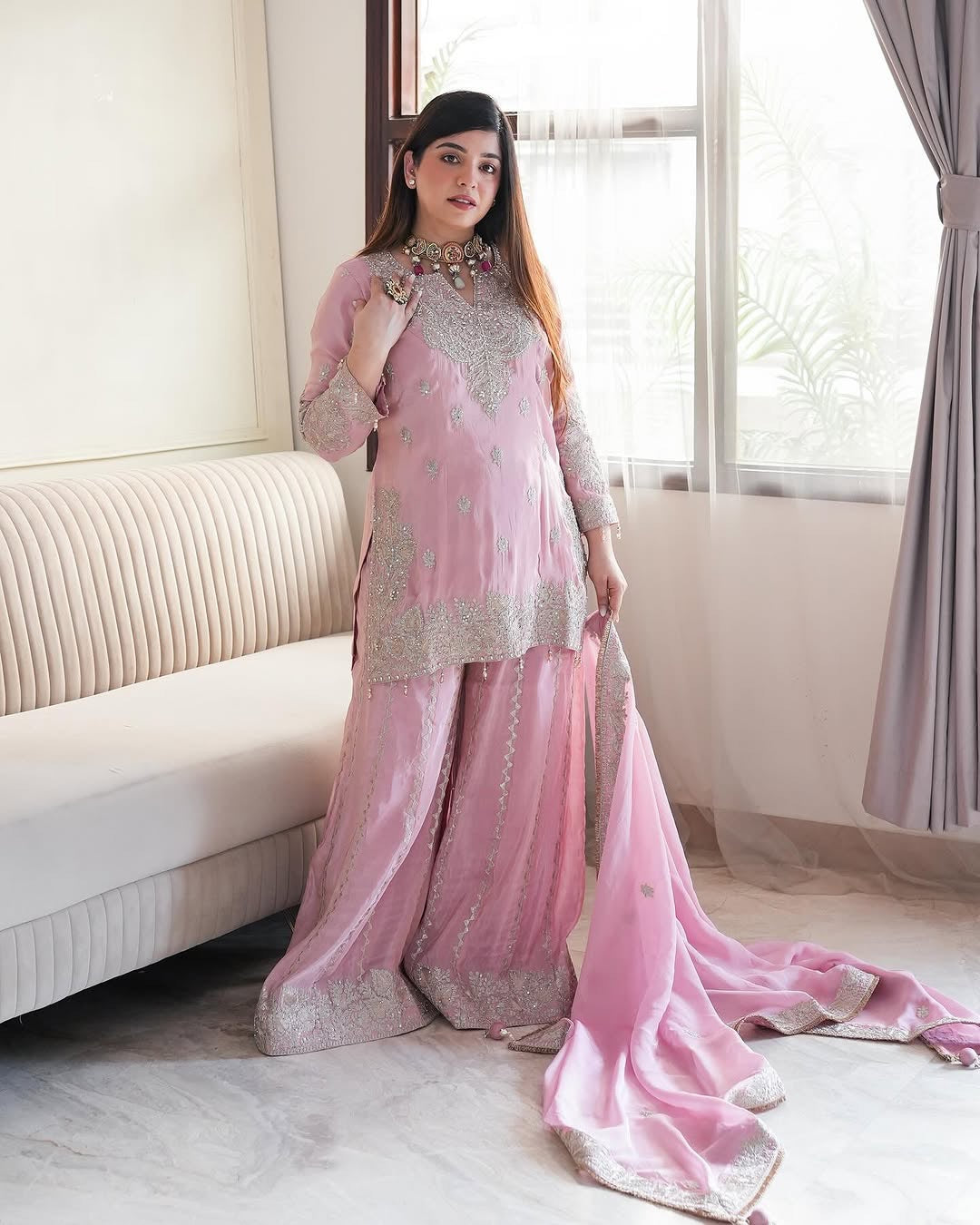 Beautiful Top-Gharara And Dupatta With Heavy Embroidery Sequence Work