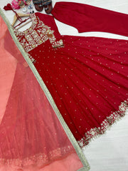 Beautiful Party Wear Look Pure Chinon Silk Anarkali Gown ,Dupatta & Pent Plazzo Set