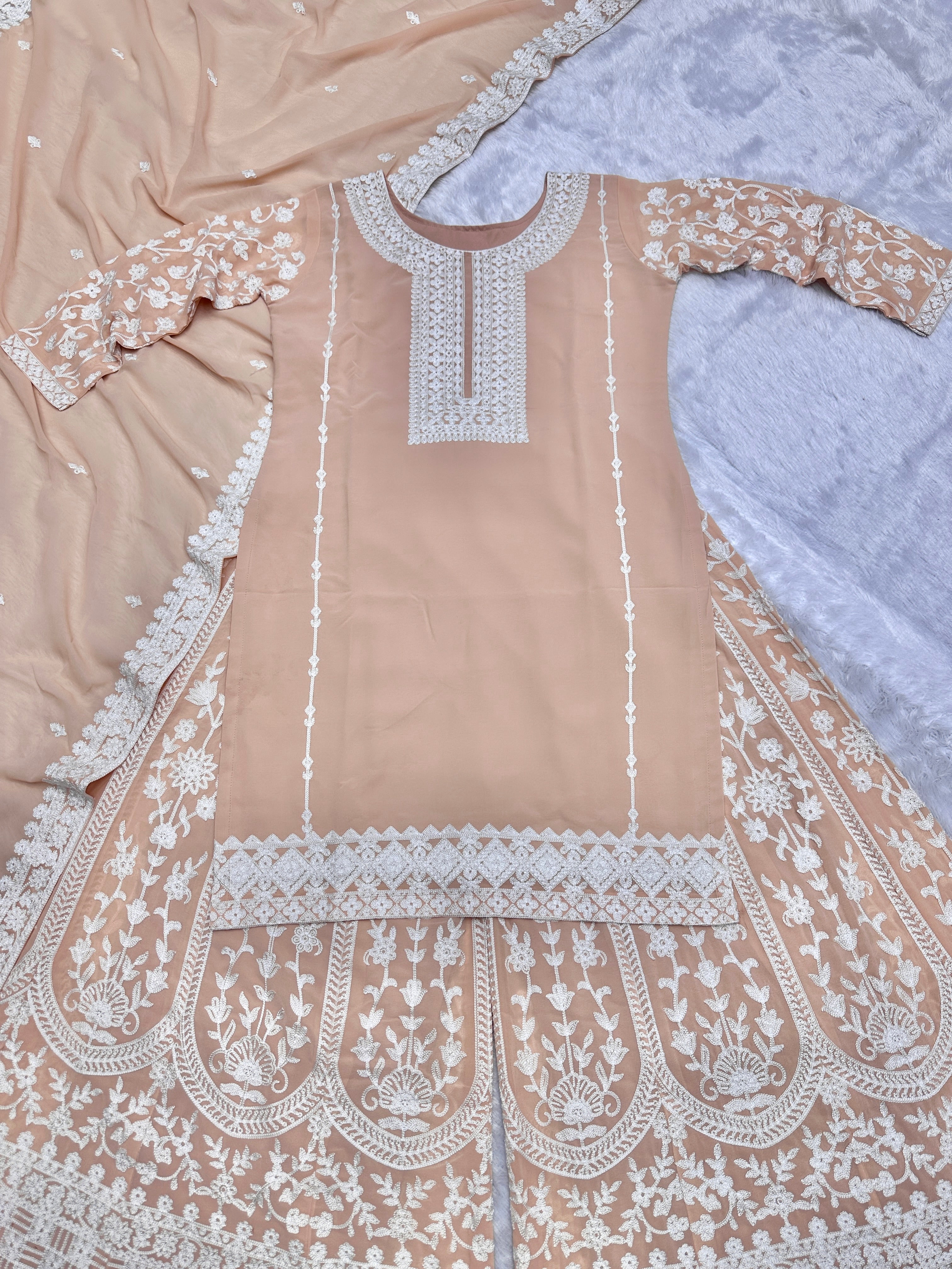 Top - Plazzo With Dupatta With Embroidery Chain Stitched Work