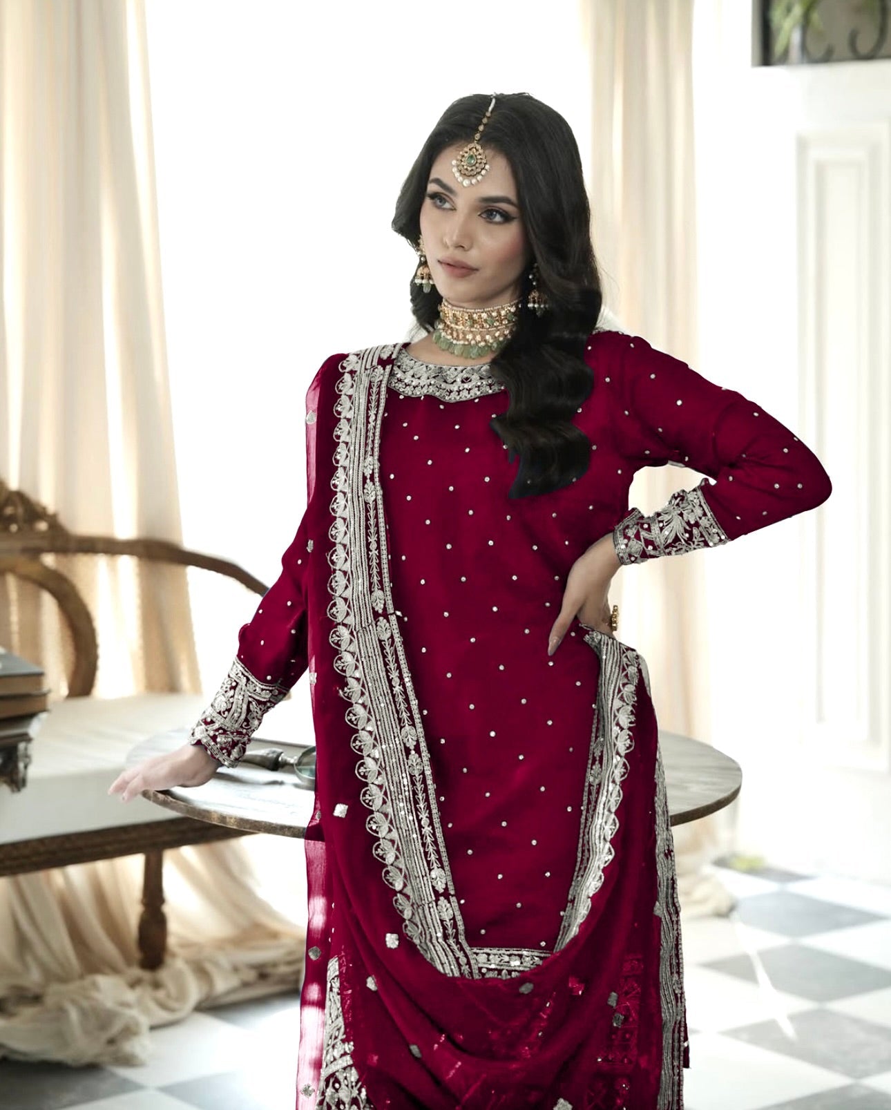 Fancy Top-Gharara And Dupatta With Heavy Embroidery Sequence Work