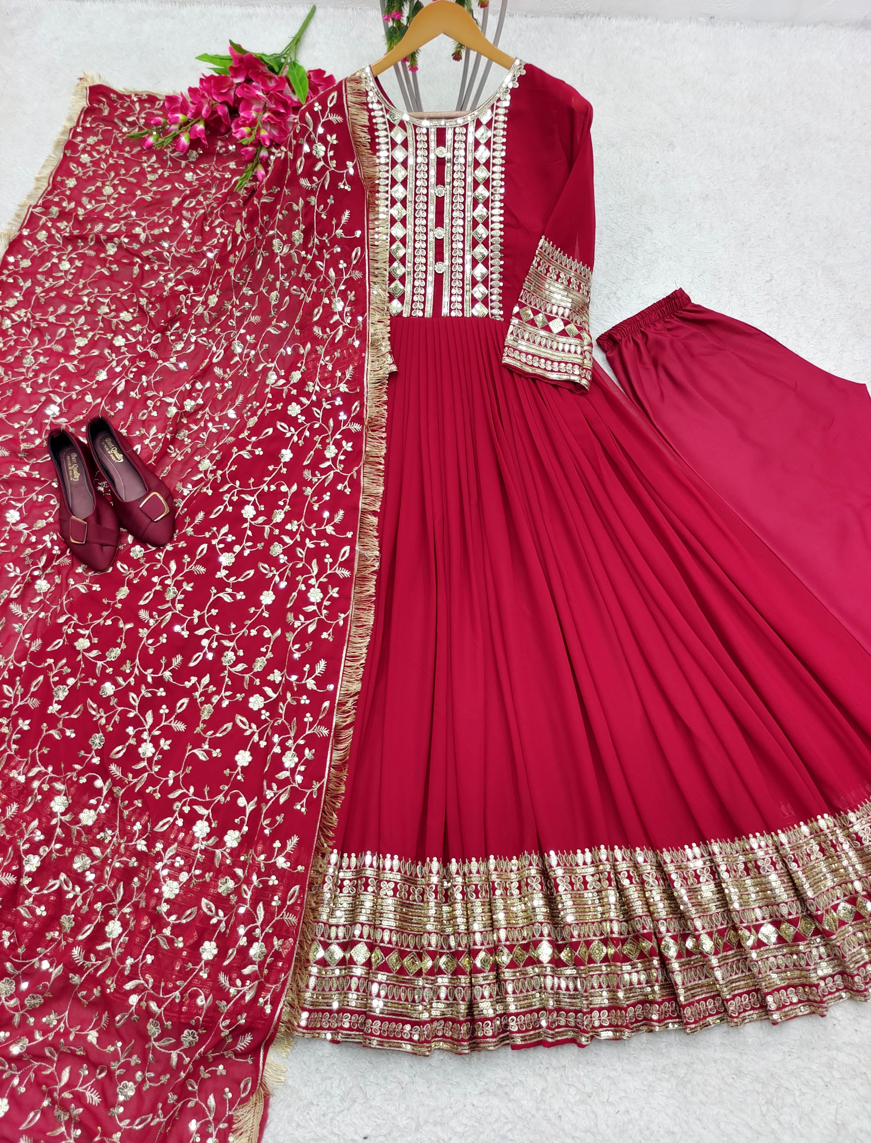 Designer Gown With Pent And Dupatta With Embroidery Work