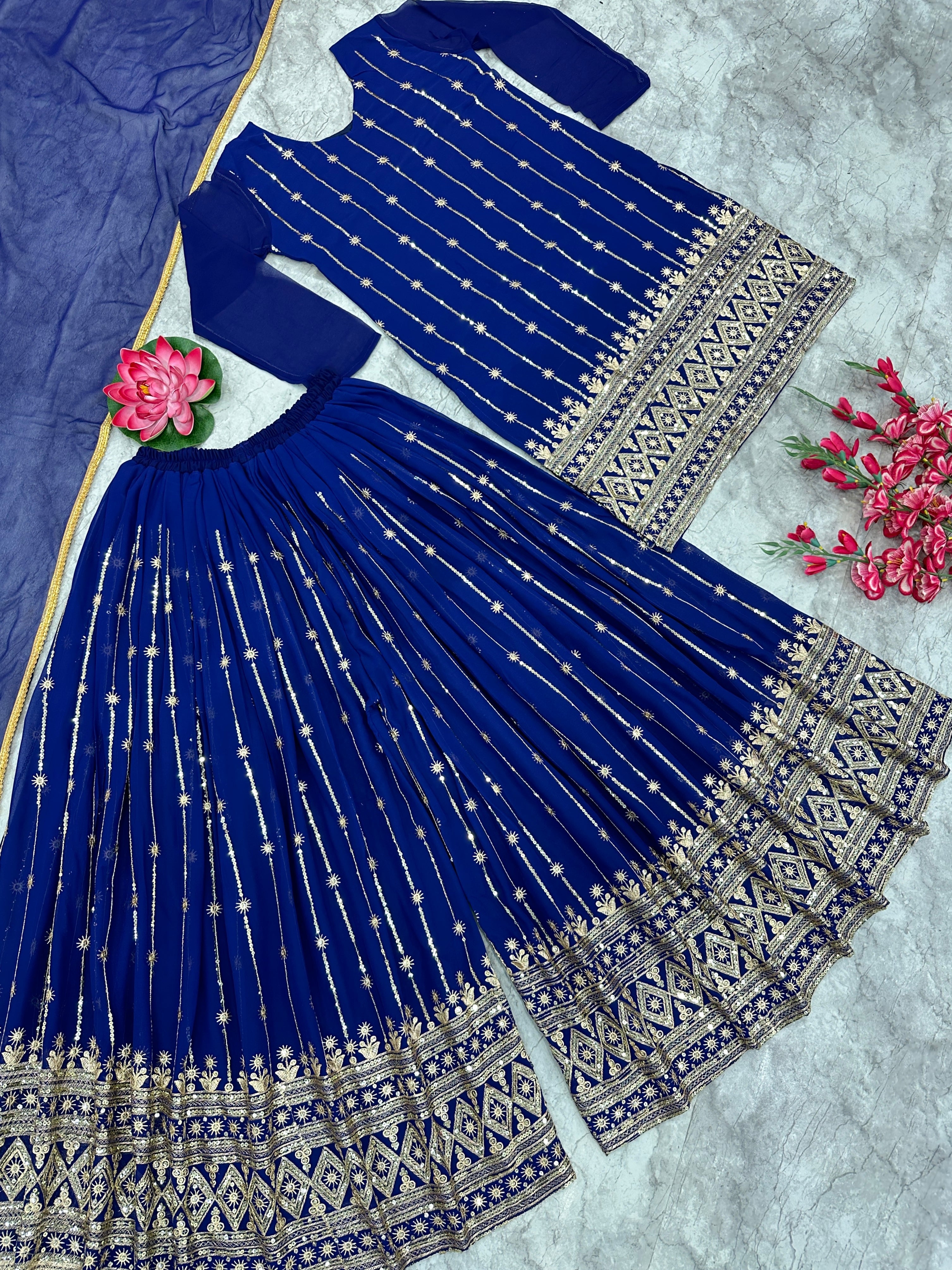 Designer Party Wear Top Bottom And Dupatta With Embroidery Work