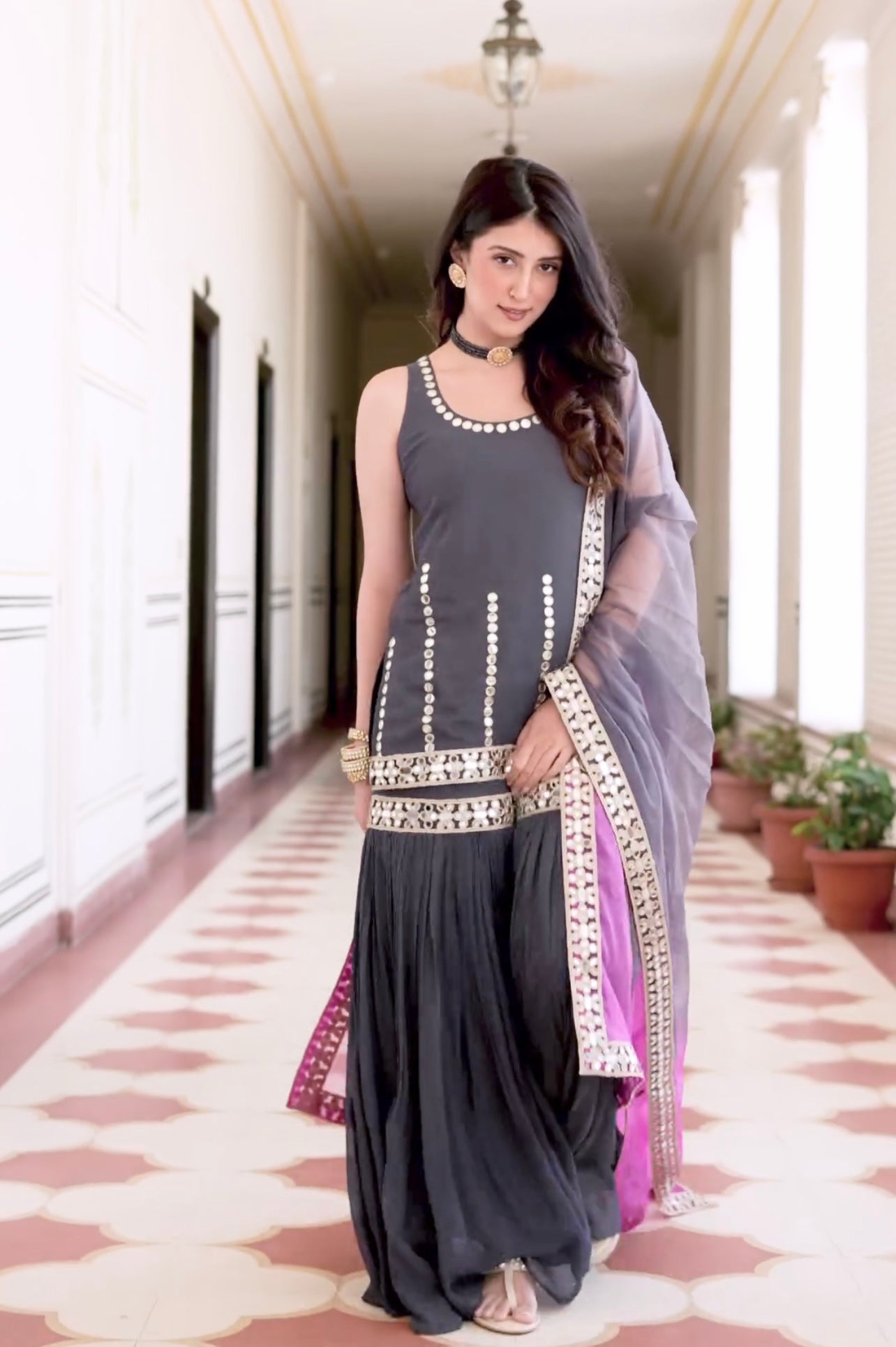Designer Party Wear Look Top , Sharara Plazzo And Dupatta