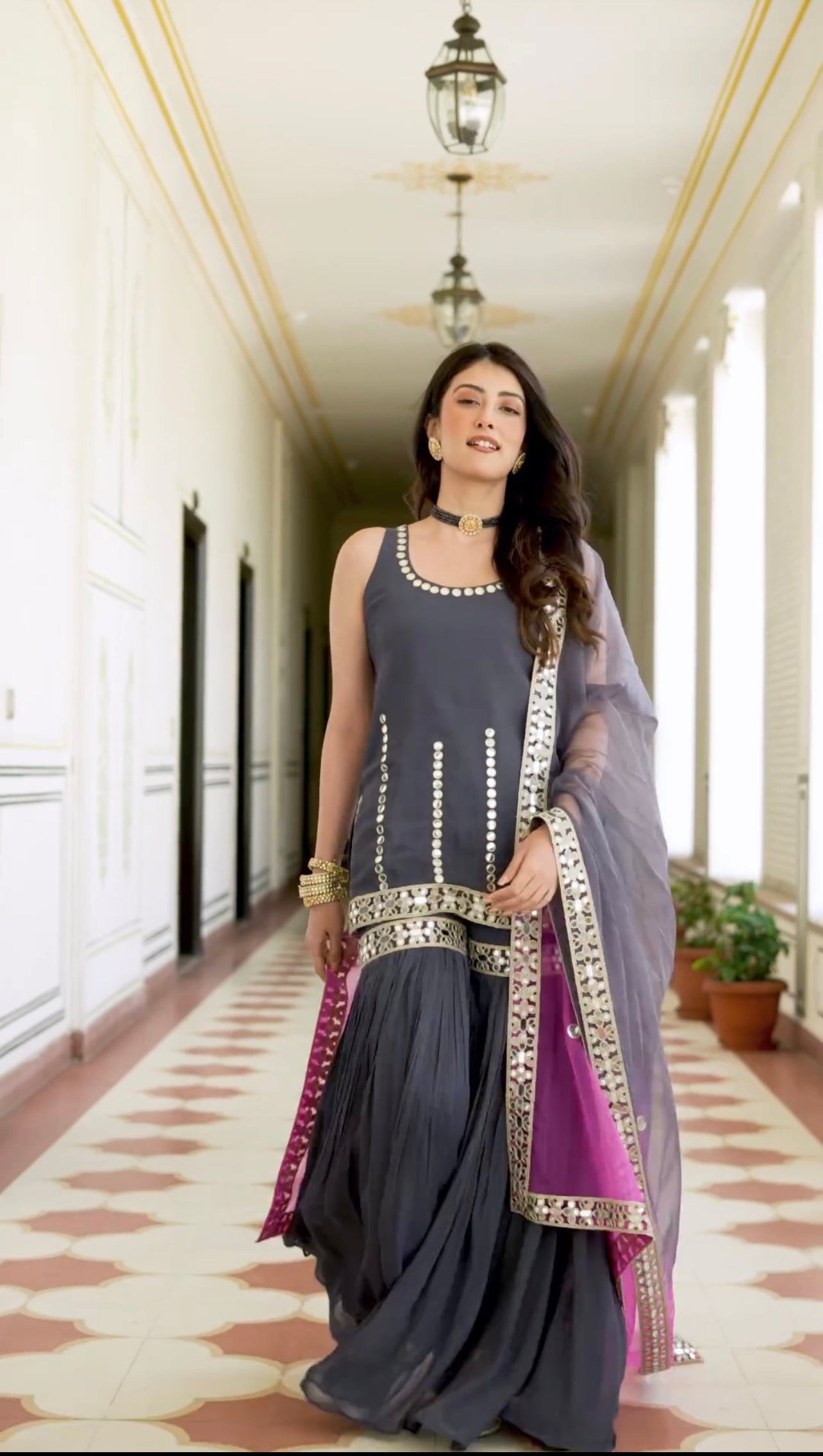 Designer Party Wear Look Top , Sharara Plazzo And Dupatta