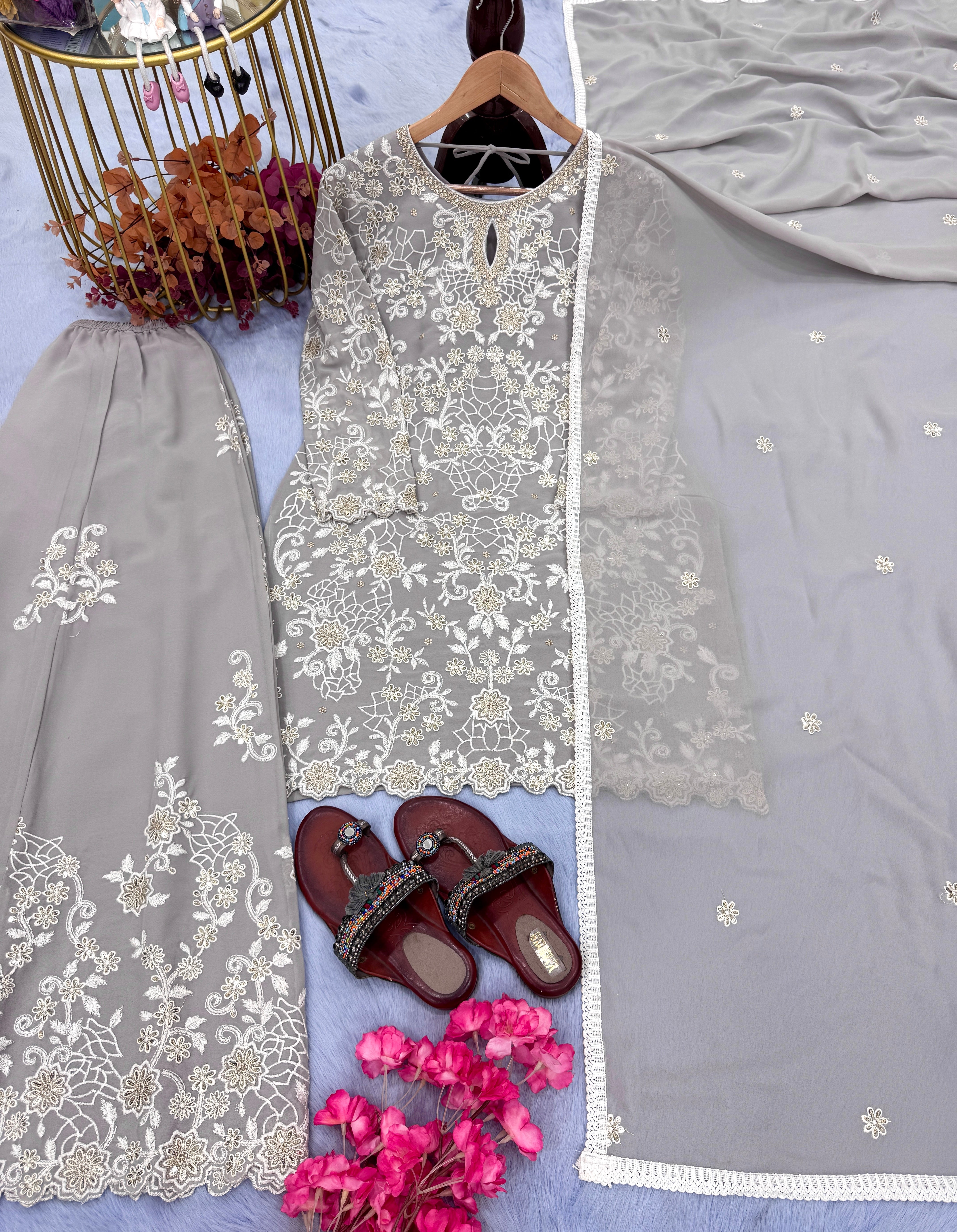 Party Wear Look Pure Heavy Faux Georgette Top Plazzo & Dupatta Set