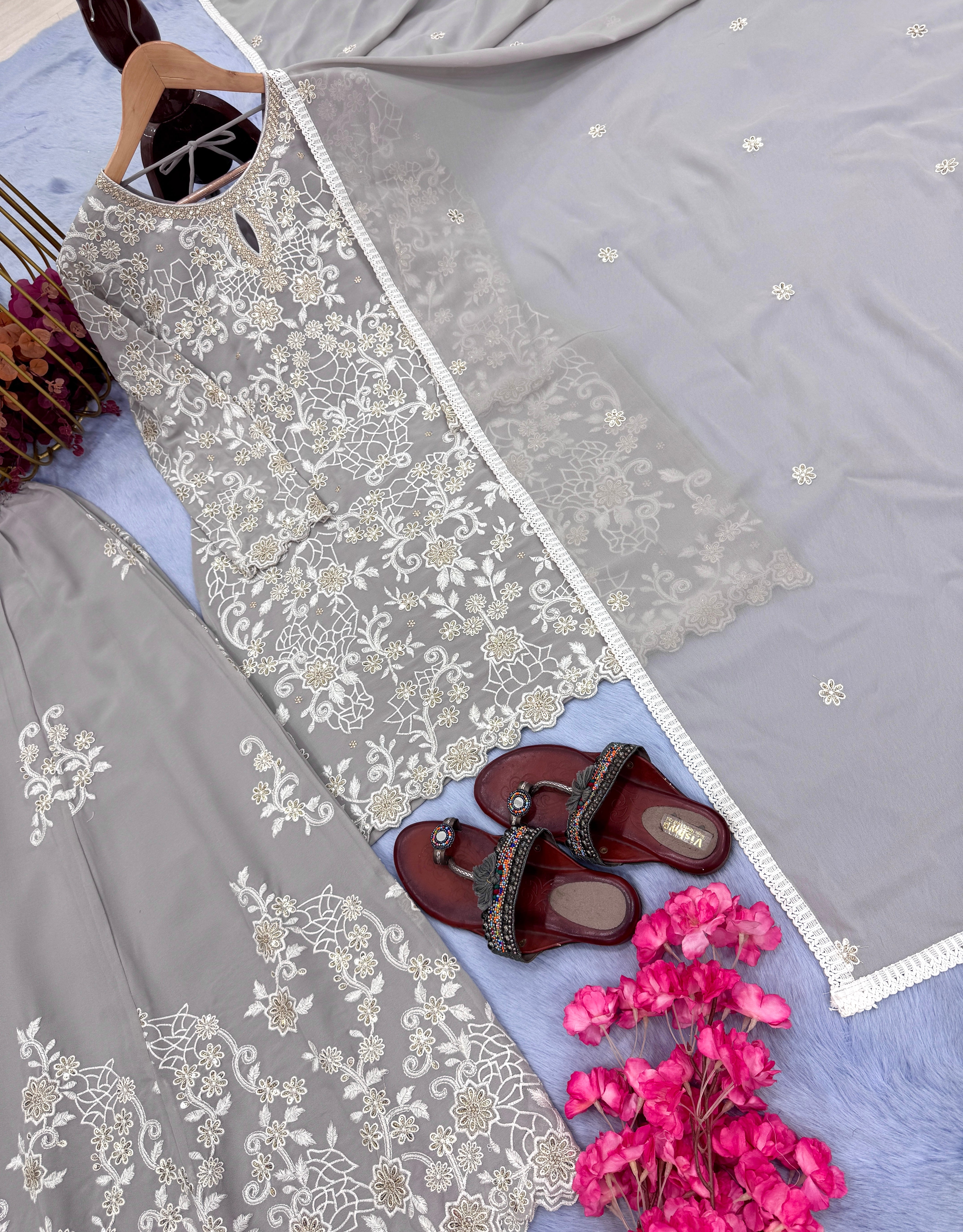 Party Wear Look Pure Heavy Faux Georgette Top Plazzo & Dupatta Set