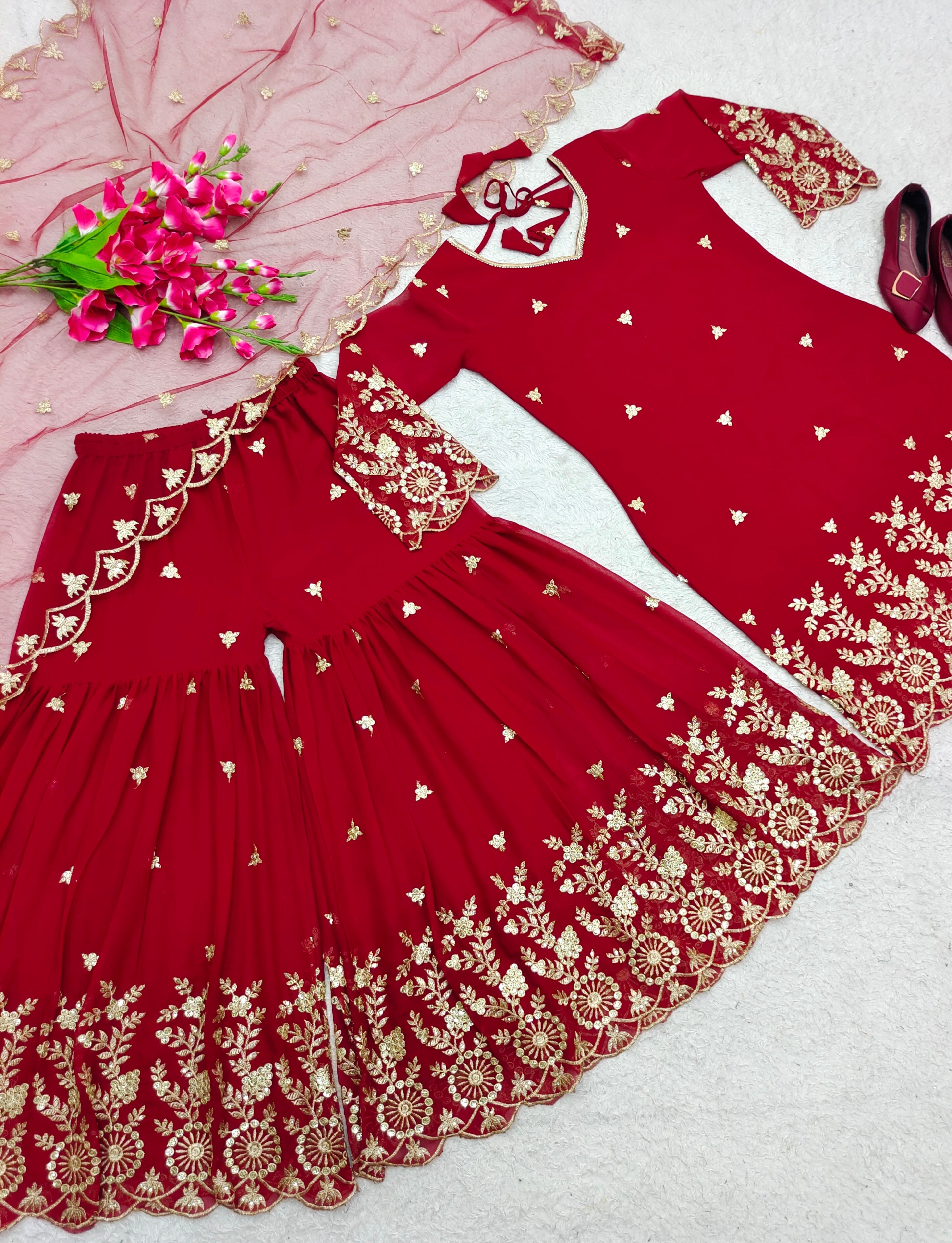 Designer Top-Sarara And Dupatta With Embroidery Work