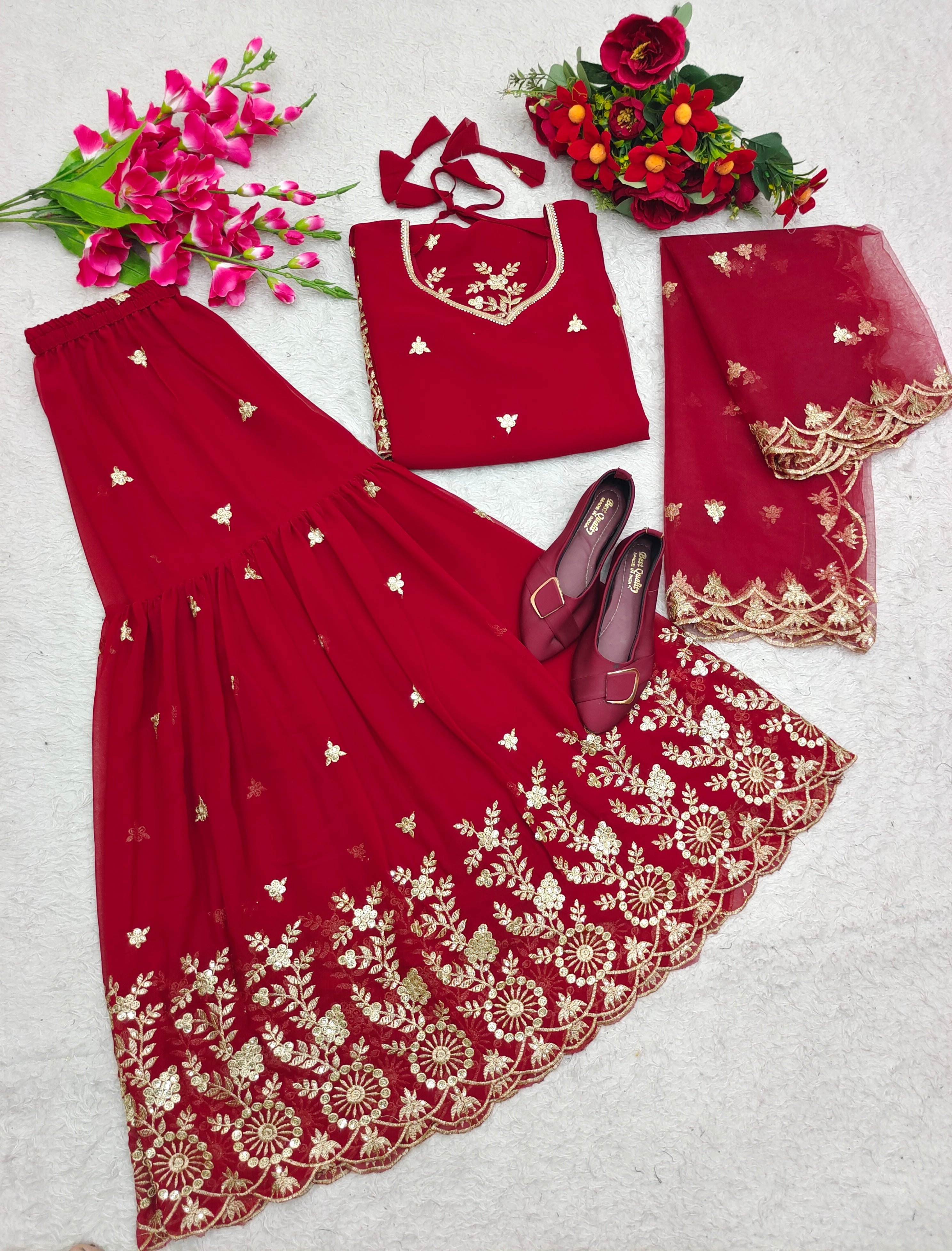 Designer Top-Sarara And Dupatta With Embroidery Work