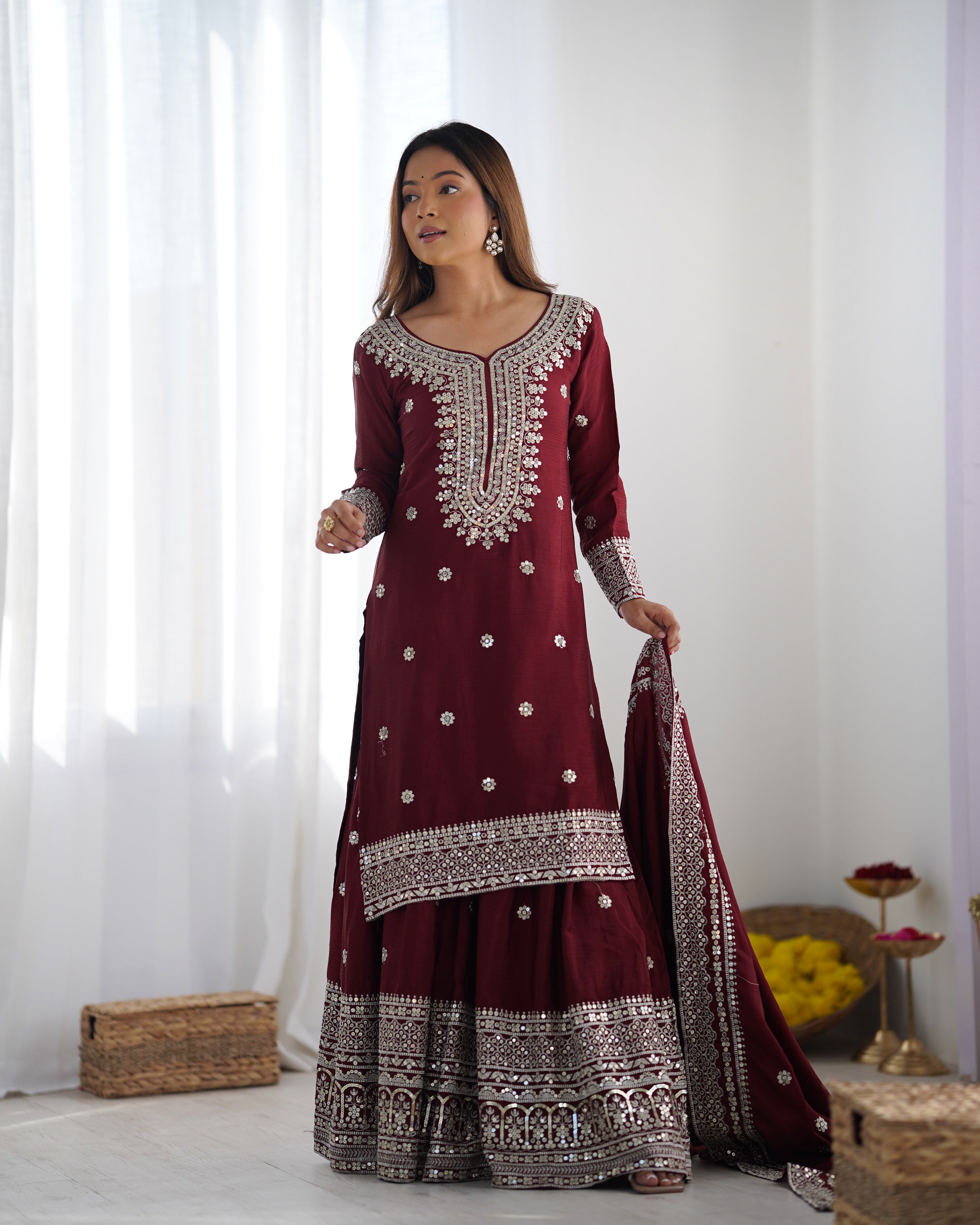 Beautiful Top-Plazo And Dupatta With Heavy Embroidery Sequence Work