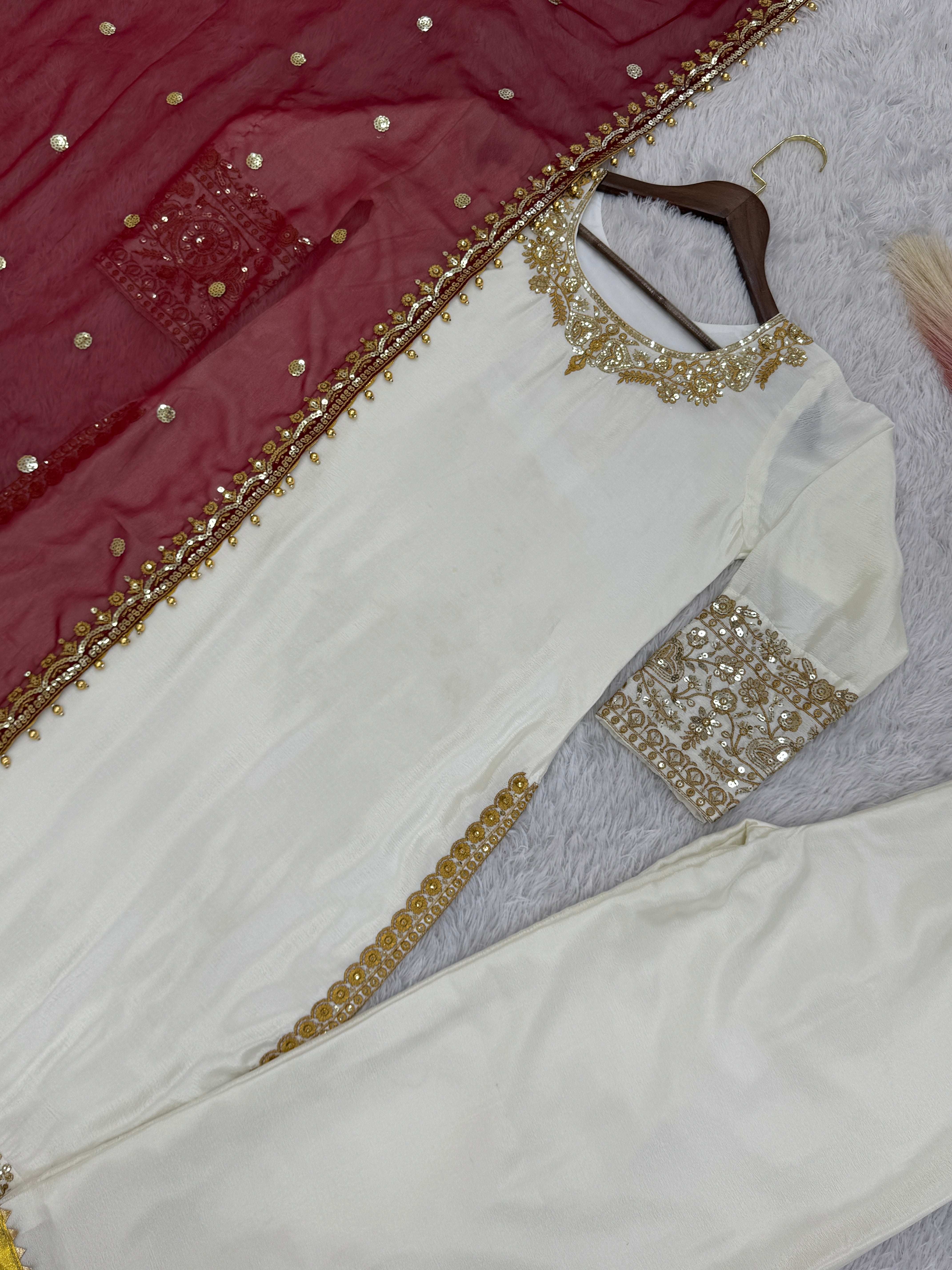 Fancy Top - Plazzo With Dupatta With Embroidery And Sequin Work