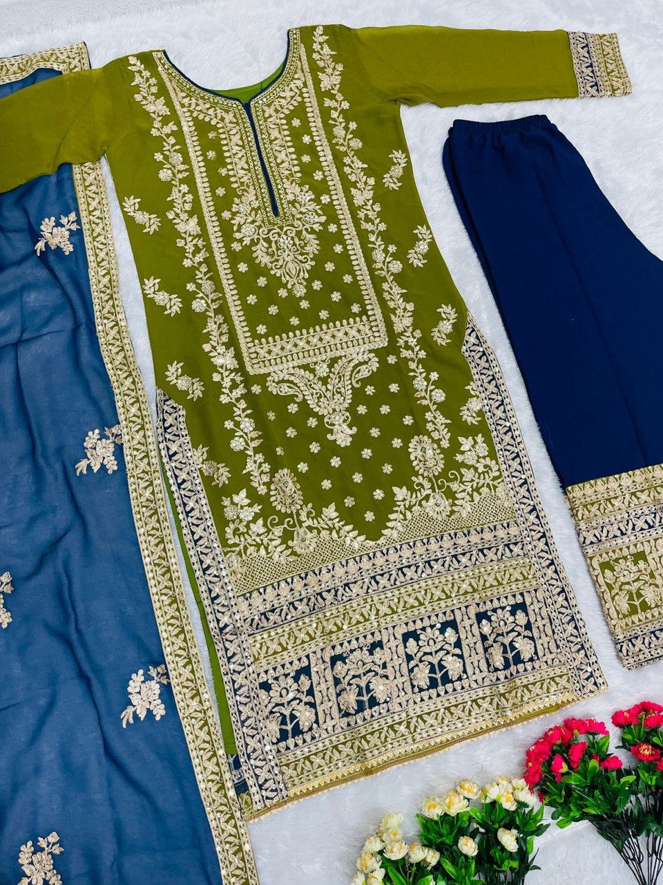 Beautiful Party Wear Top Plazzo And Dupatta With Dimond Work