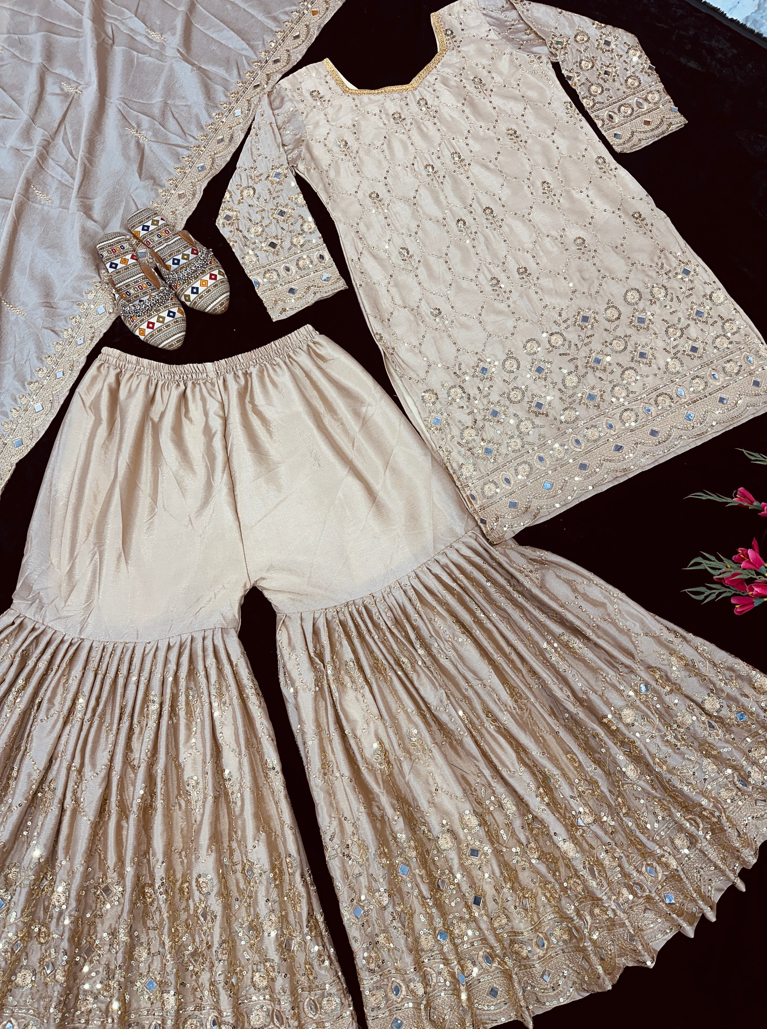 Designer Party Wear Top Plazzo And Dupatta With Real Mirror Work