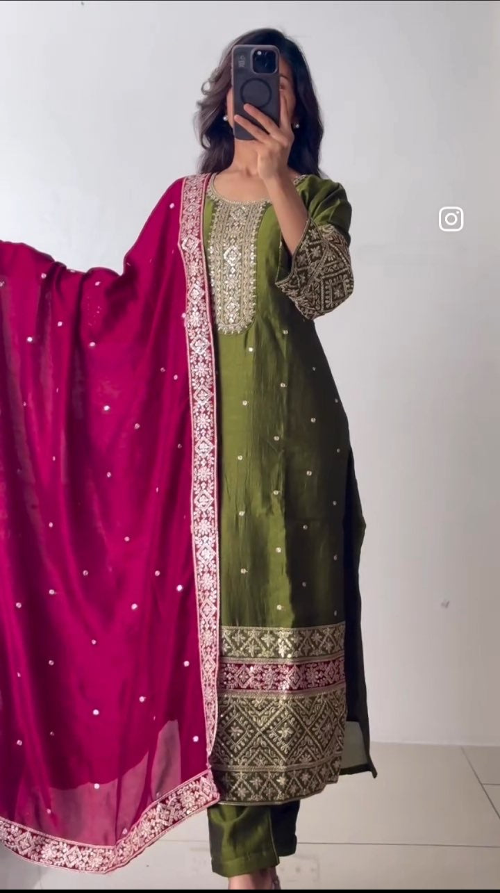 Party Wear Top-Pent And Dupatta With Embroidery Sequence Work