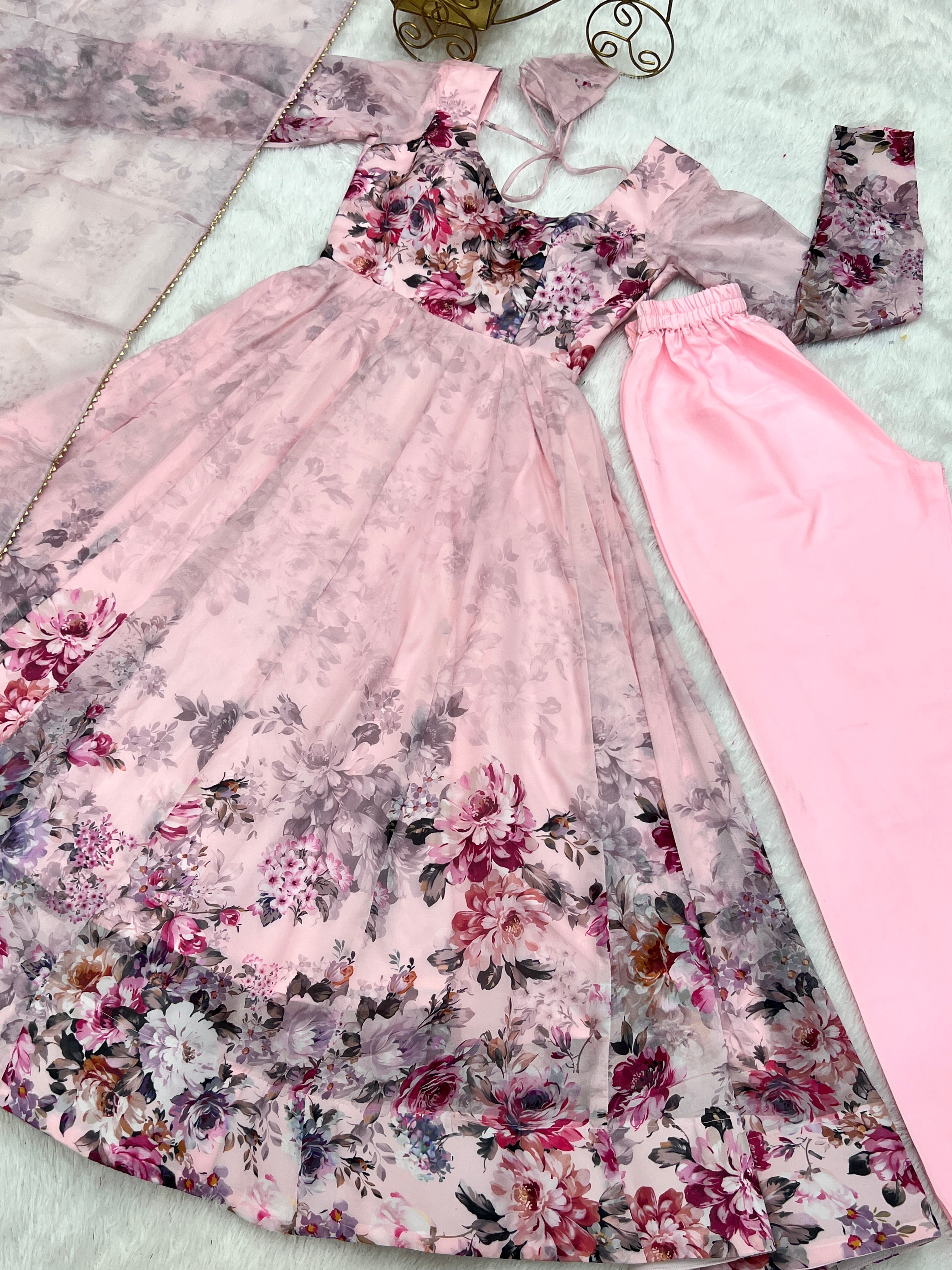 Party Wear Anarkali Gown And Pent With Dupatta With Floral Print