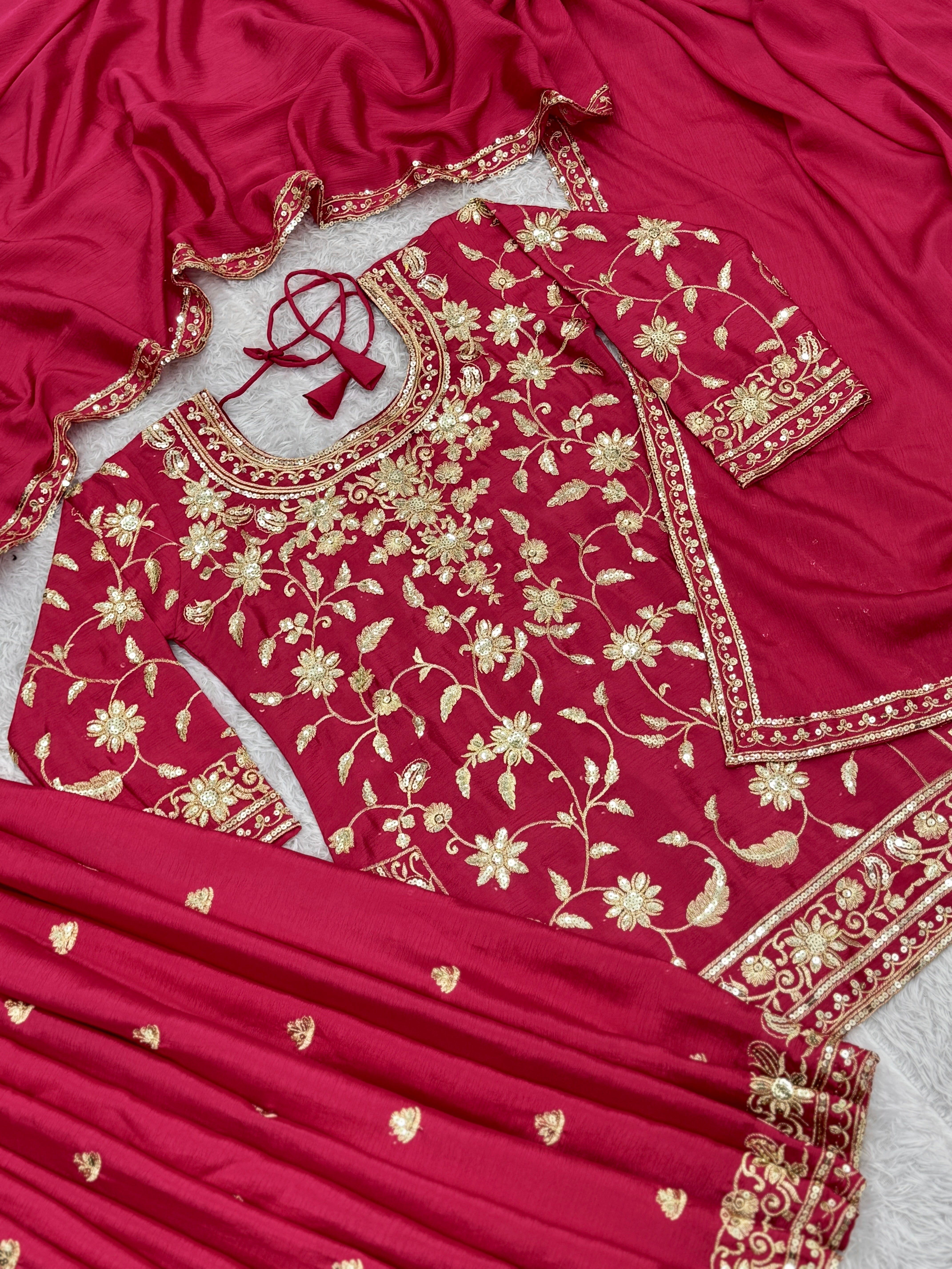 Beautiful Top-Plazzo And Dupatta  With Embroidery Sequence Work