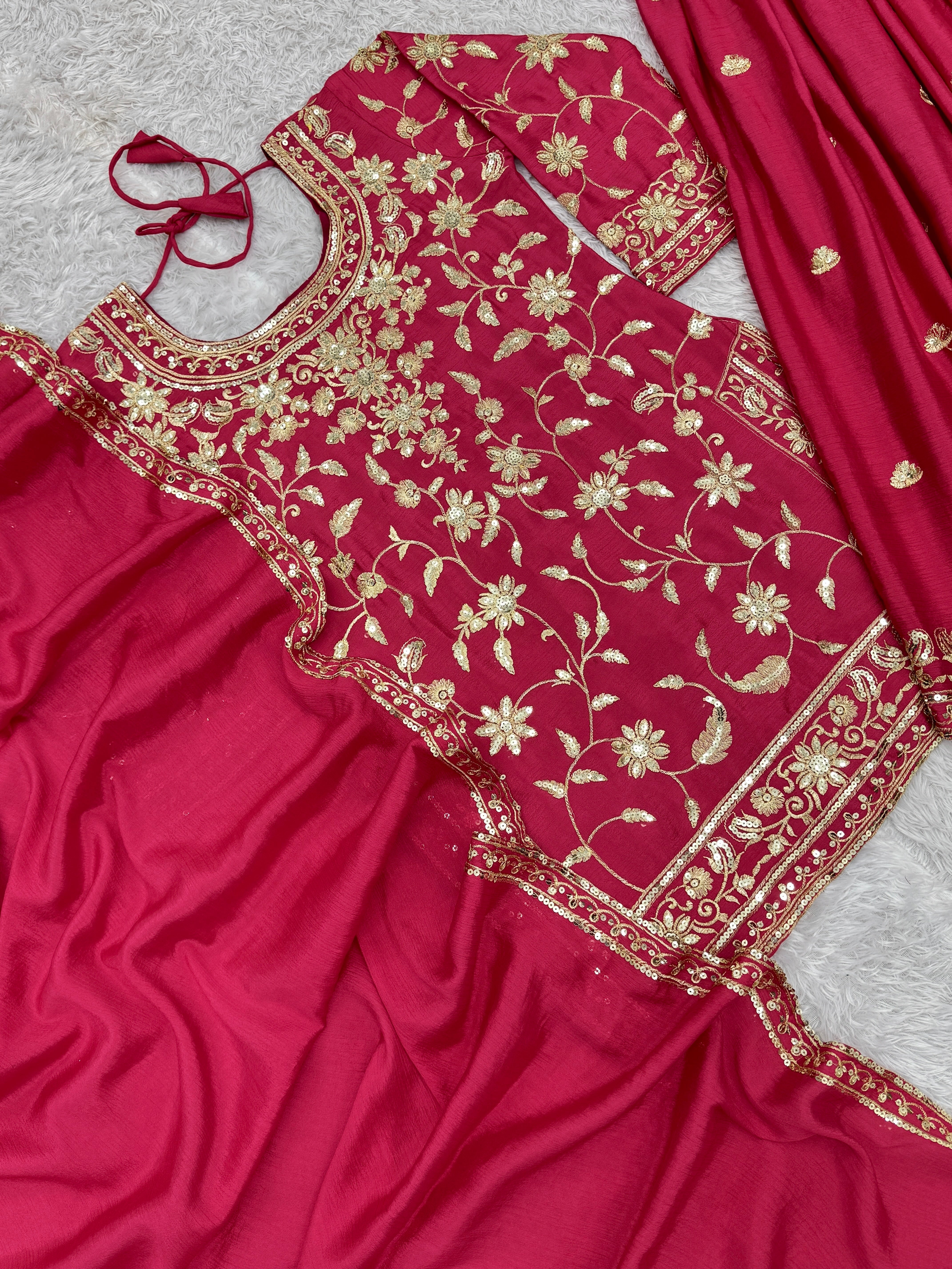 Beautiful Top-Plazzo And Dupatta  With Embroidery Sequence Work