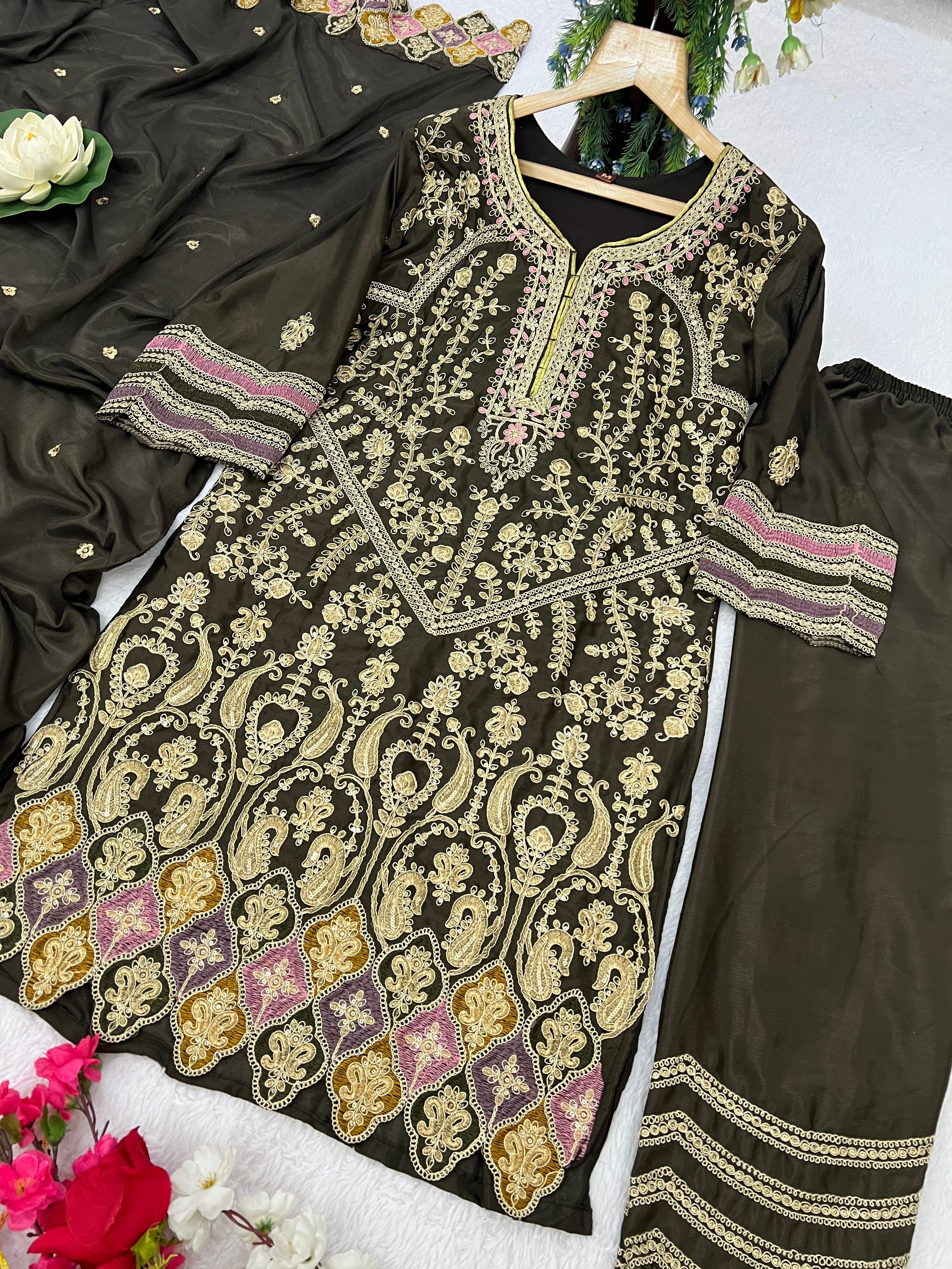 Party Wear Beautiful Top-Bottom And Dupatta With Embroidery Work