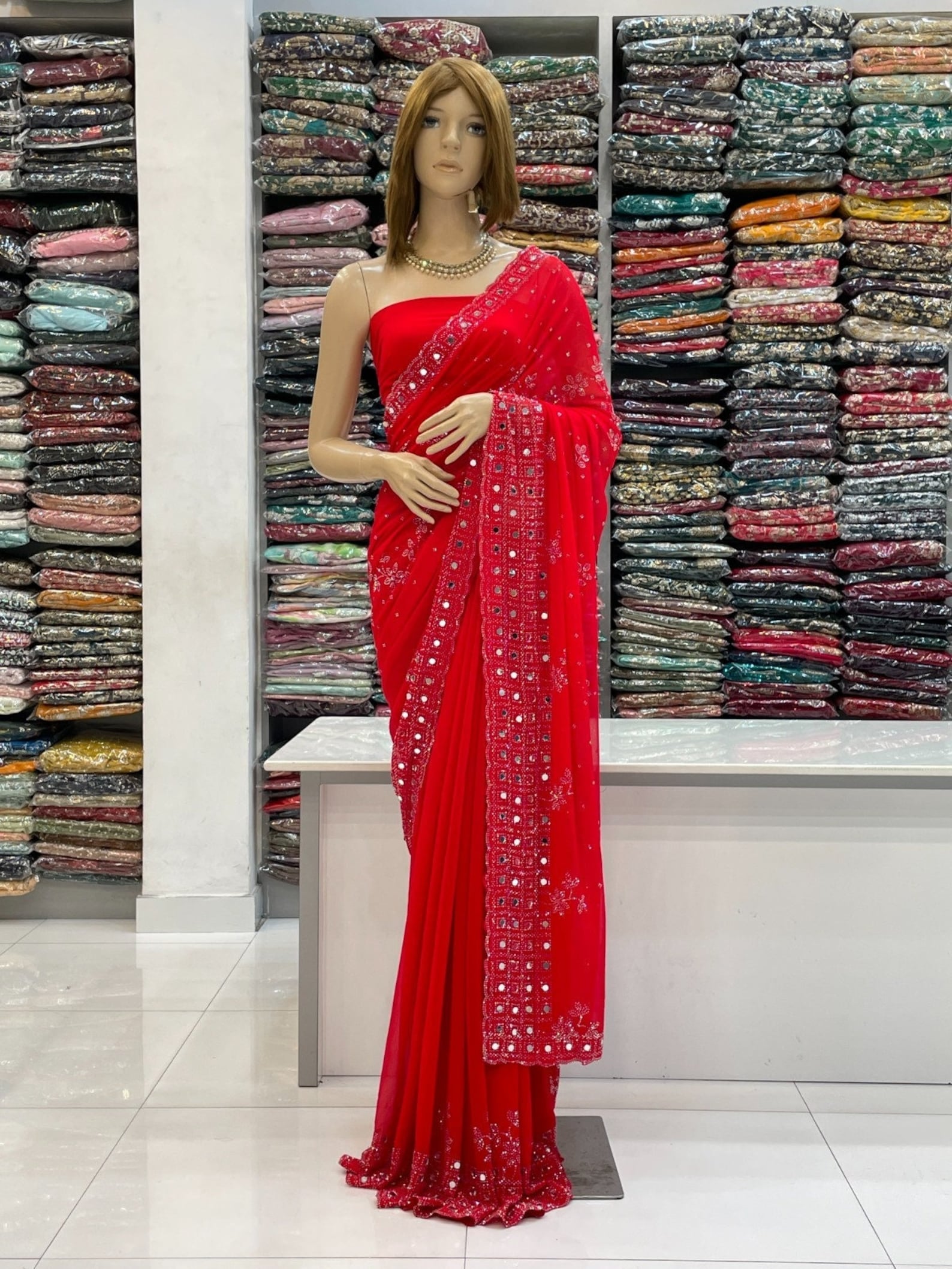 Party Wear Beautiful Saree With Real Mirror Work
