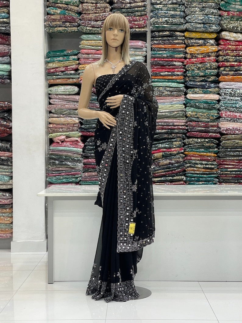Party Wear Beautiful Saree With Real Mirror Work