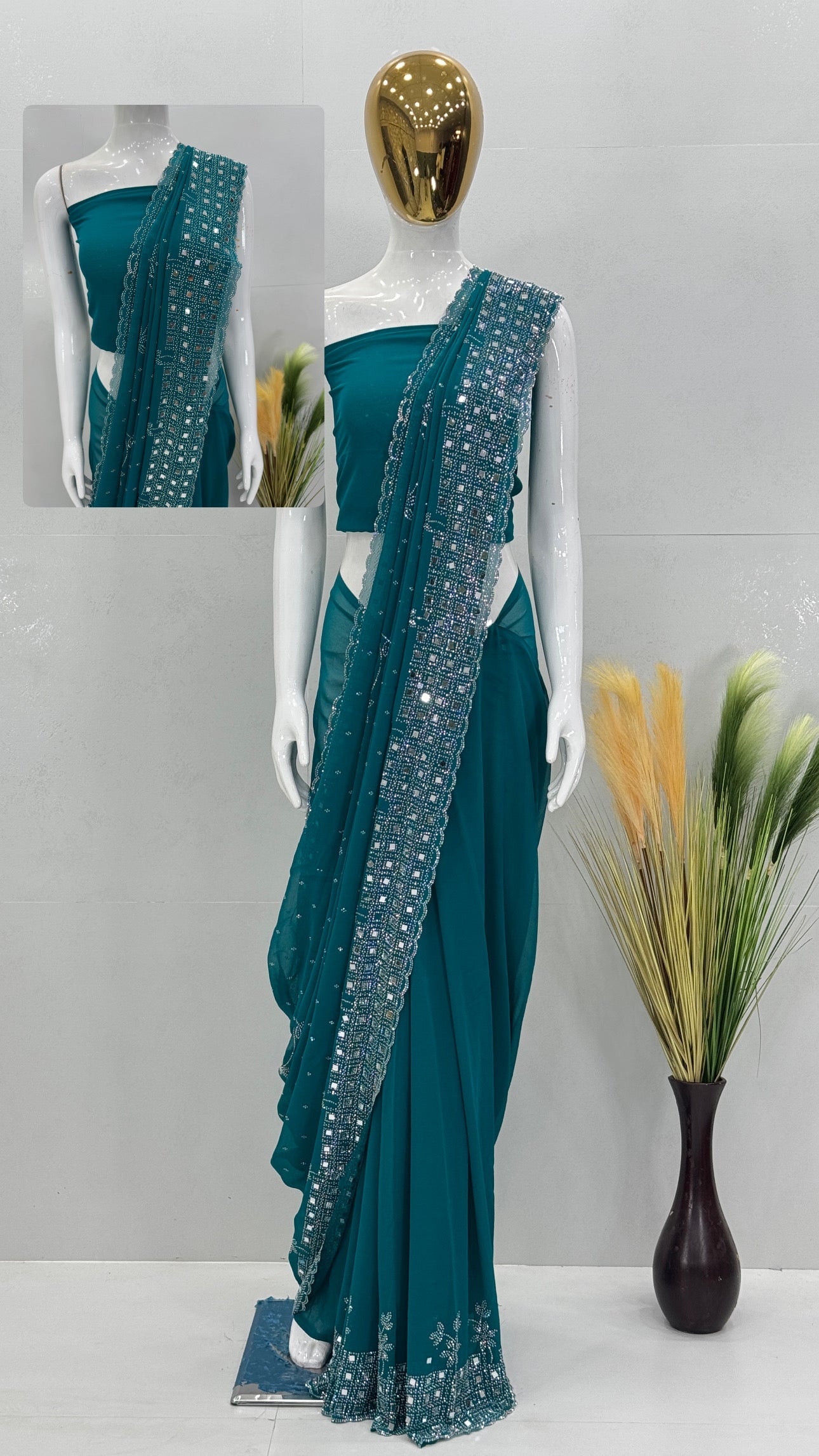 Party Wear Beautiful Saree With Real Mirror Work