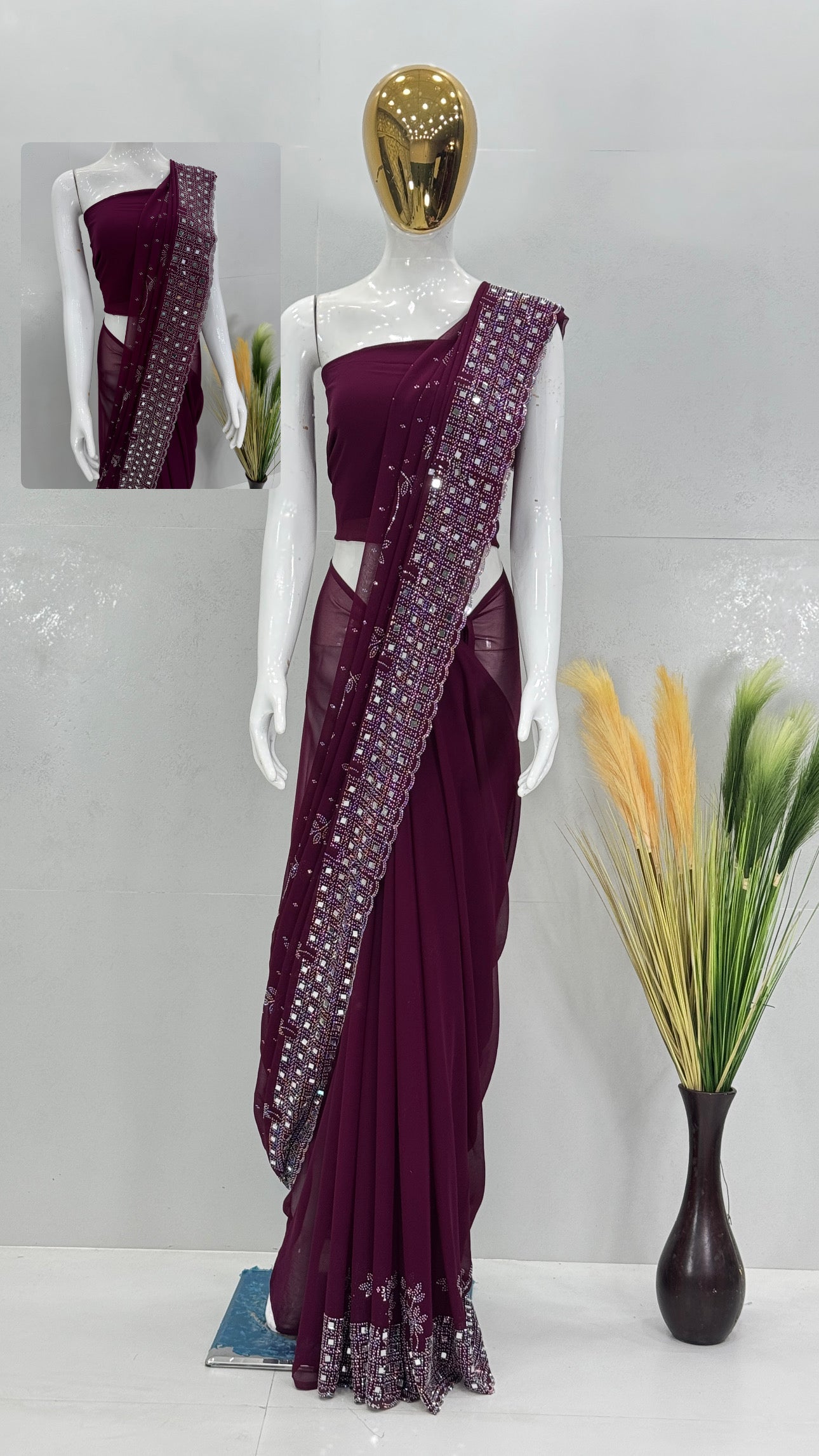 Party Wear Beautiful Saree With Real Mirror Work