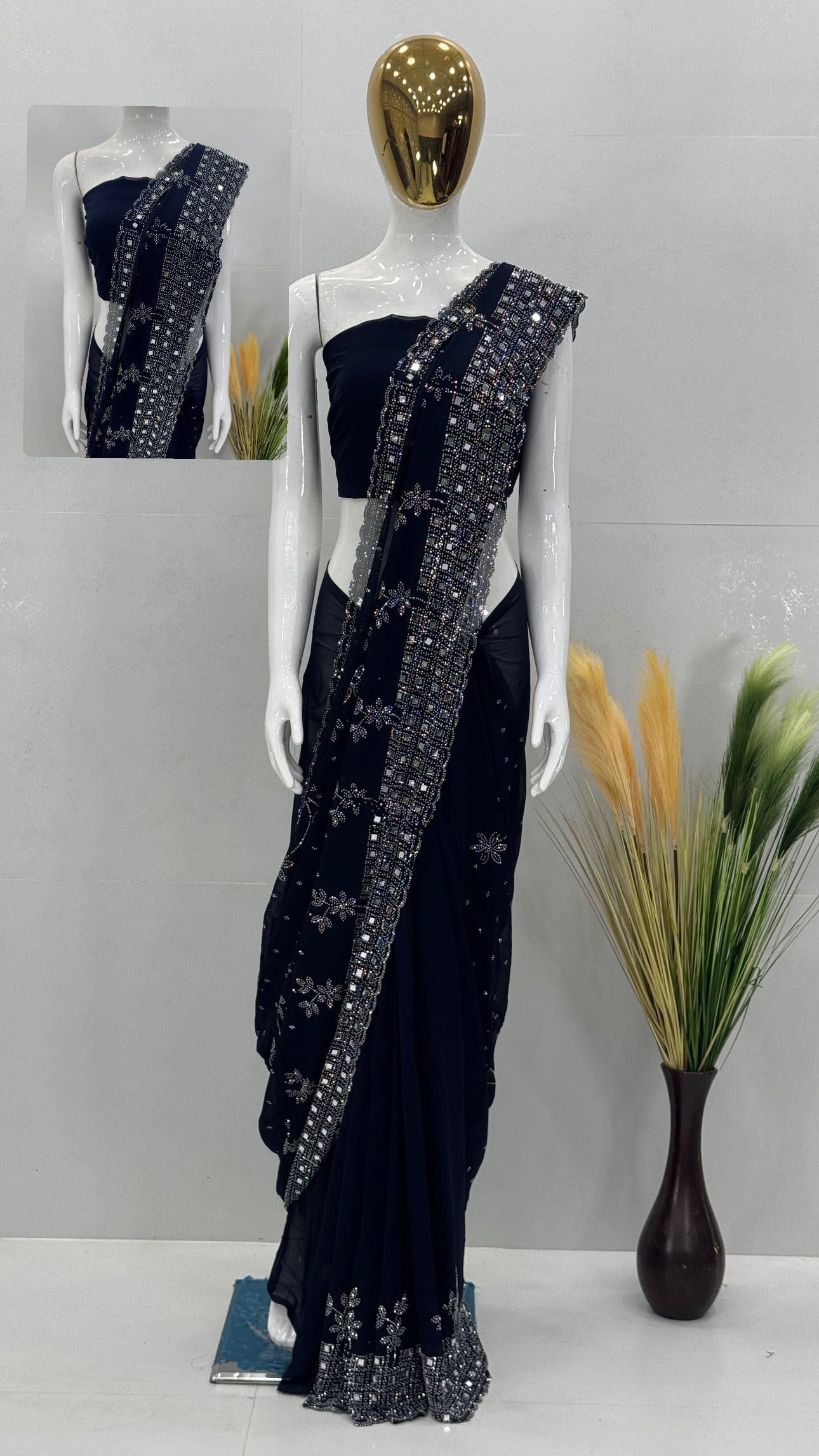 Party Wear Beautiful Saree With Real Mirror Work