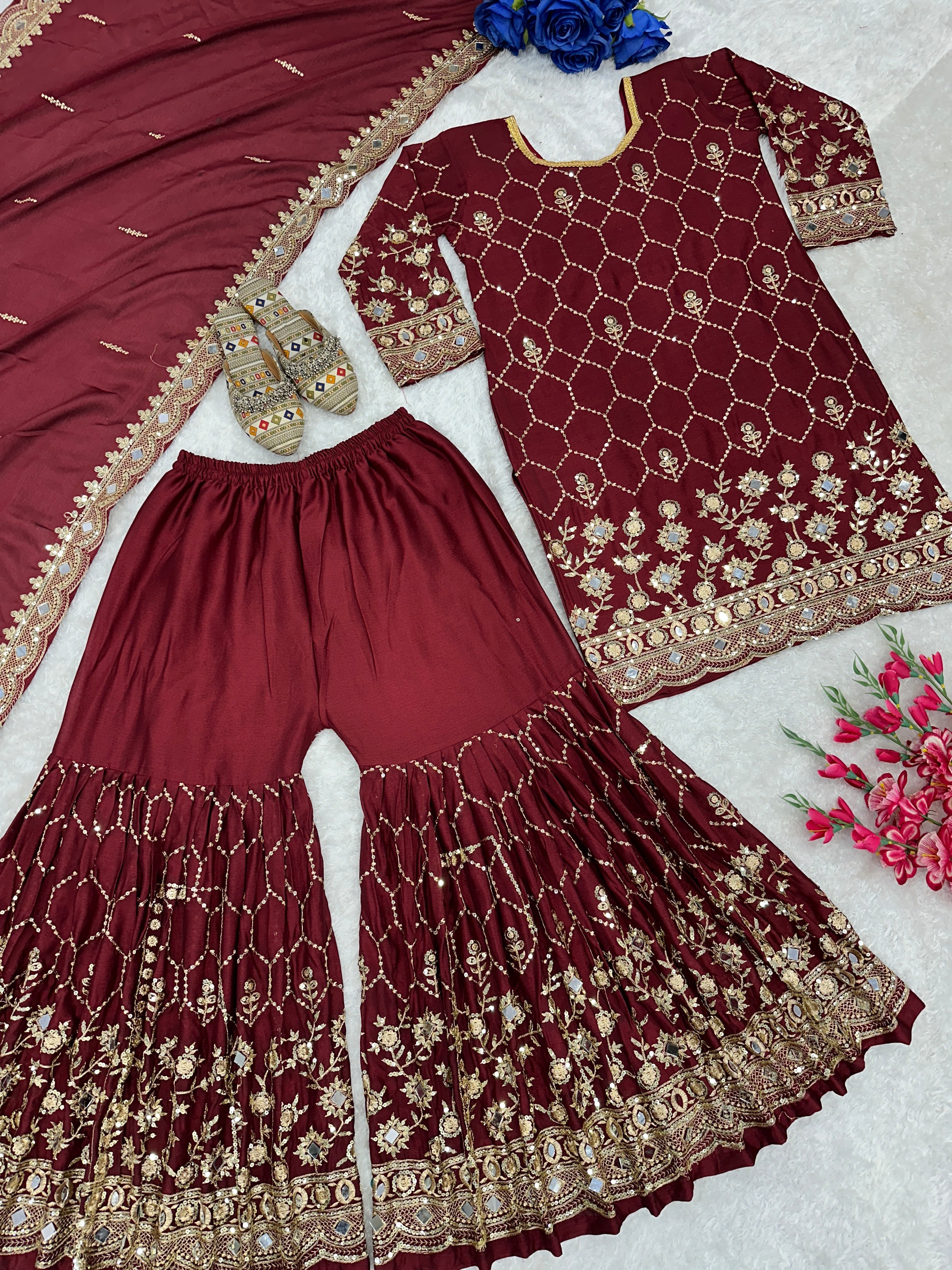 Designer Party Wear Top Plazzo And Dupatta With Real Mirror Work