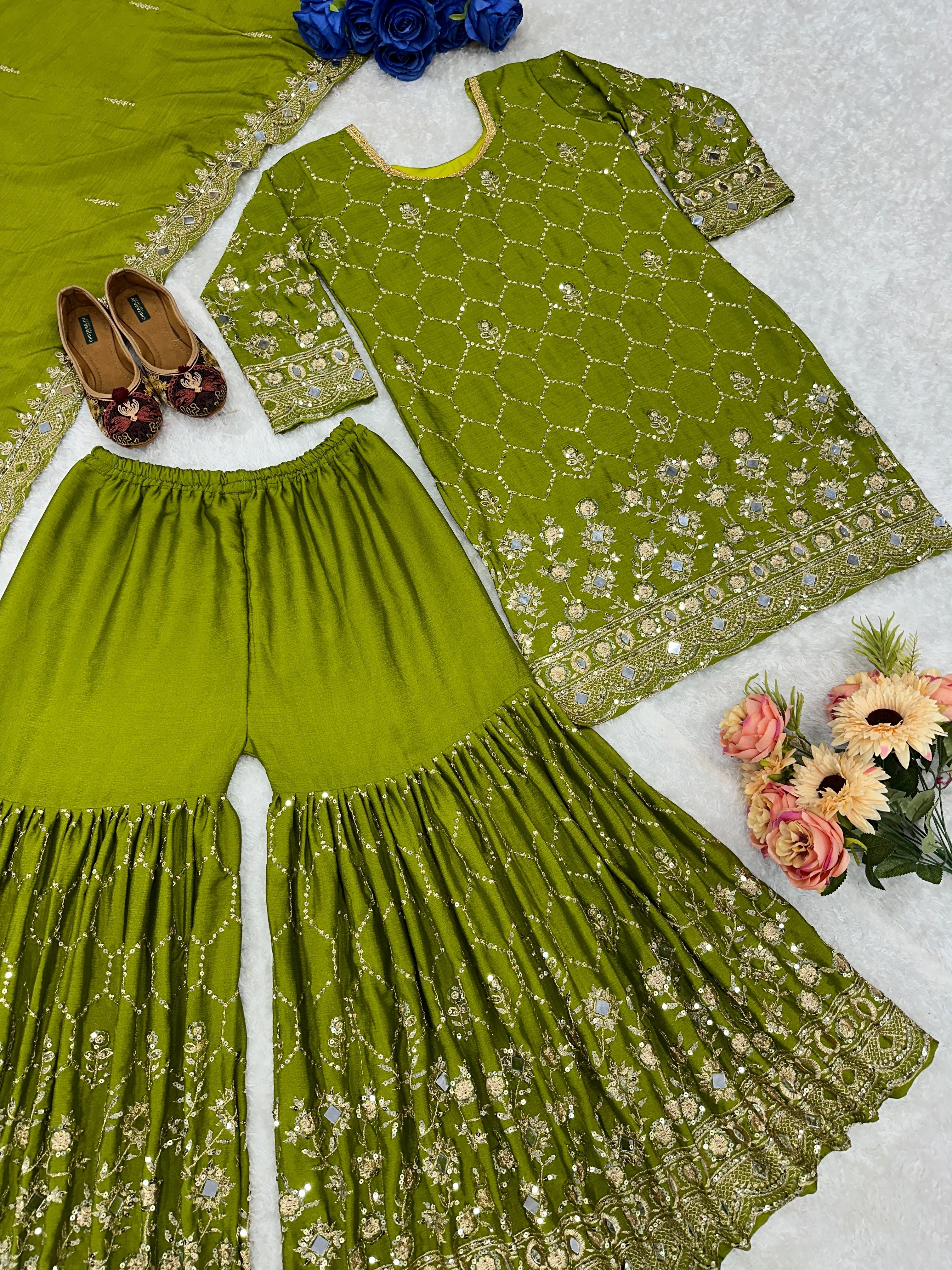 Designer Party Wear Top Plazzo And Dupatta With Real Mirror Work