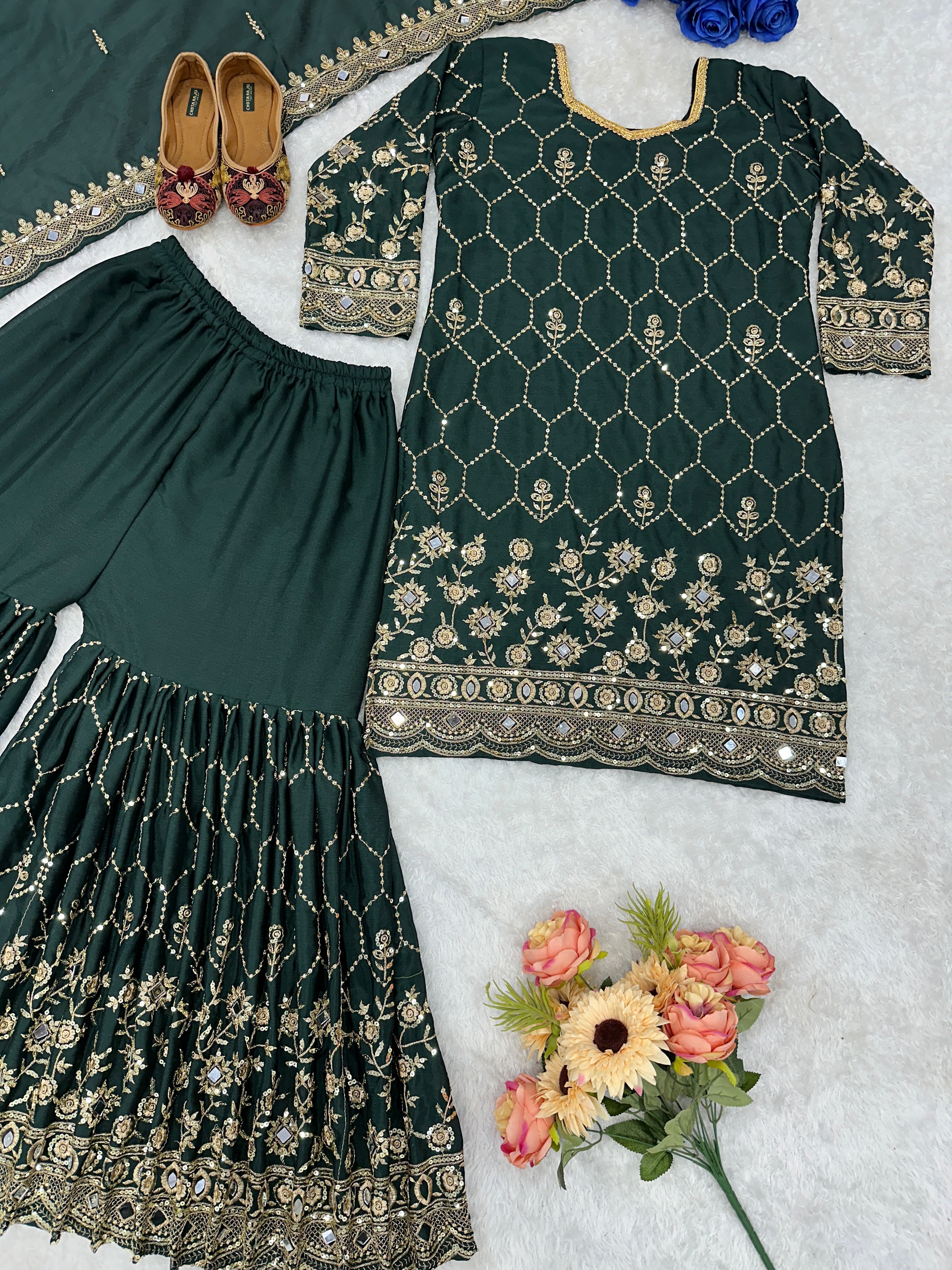 Designer Party Wear Top Plazzo And Dupatta With Real Mirror Work