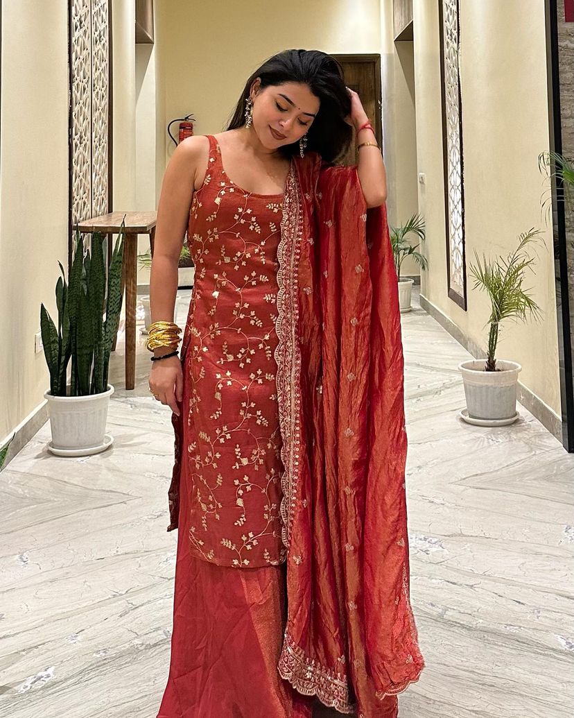 Beautiful Top Pent And Dupatta With Embroidery Sequence Work