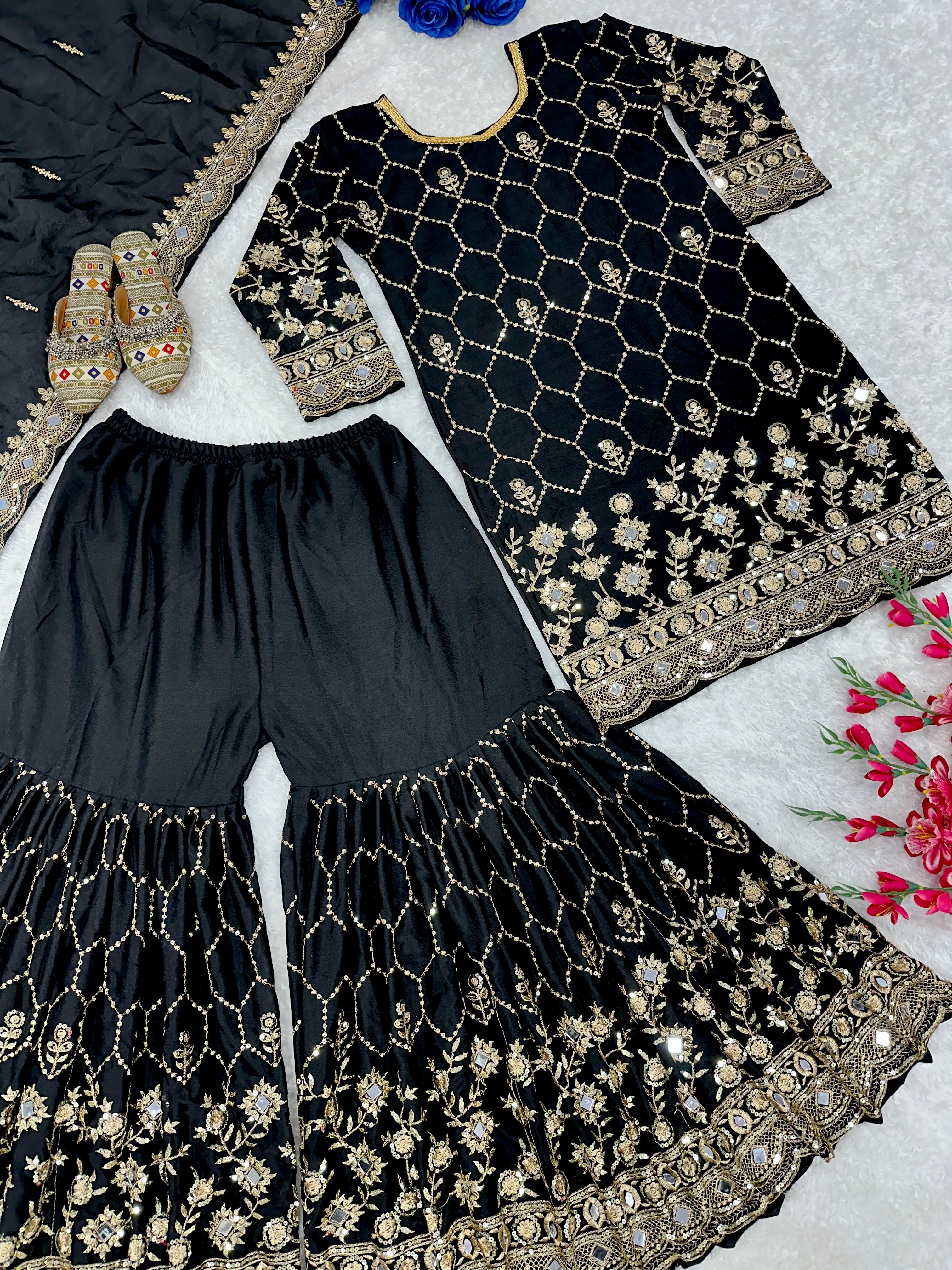 Designer Party Wear Top Plazzo And Dupatta With Real Mirror Work