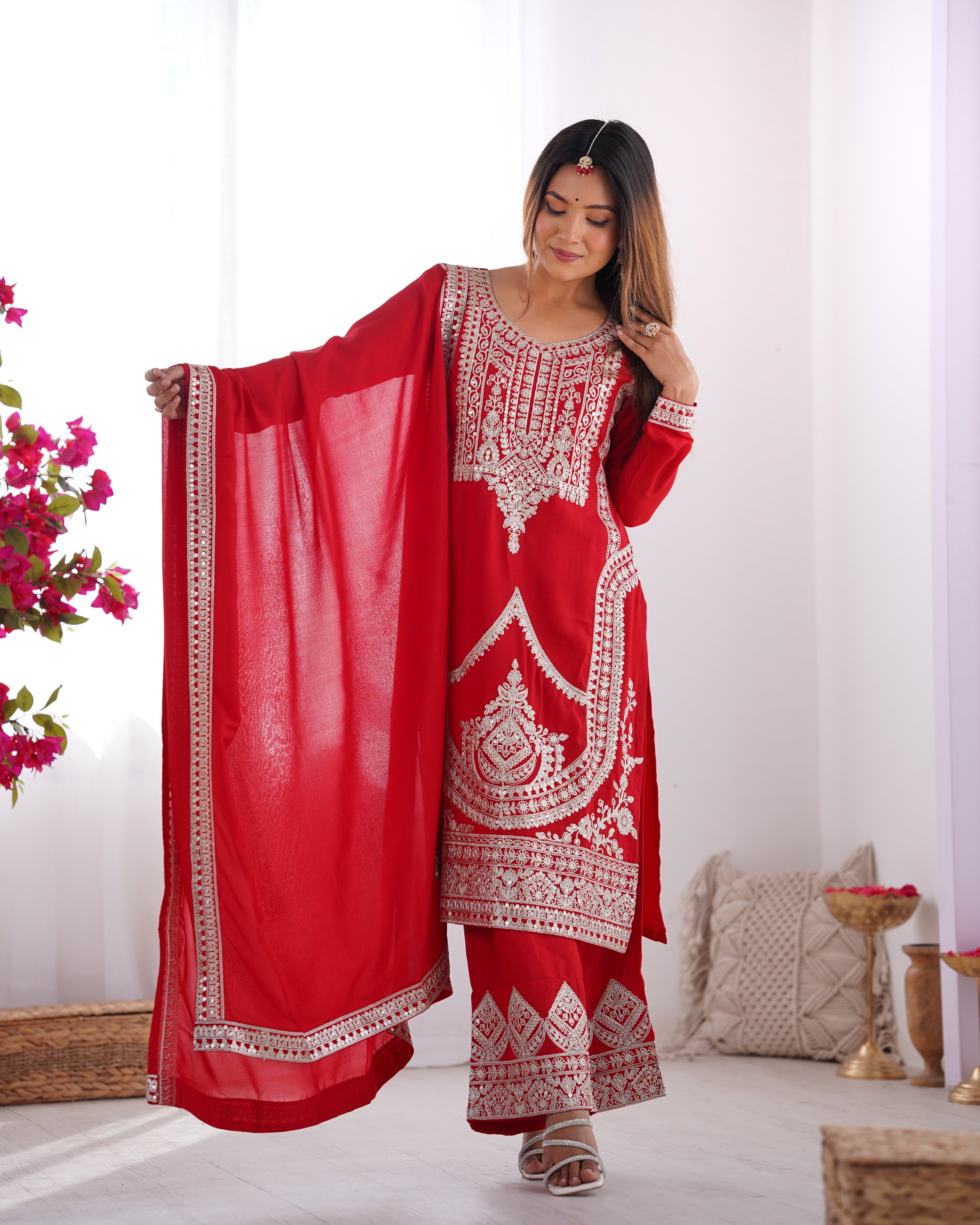 Beautiful Party Wear Top Pent And Dupatta With Embroidery Work