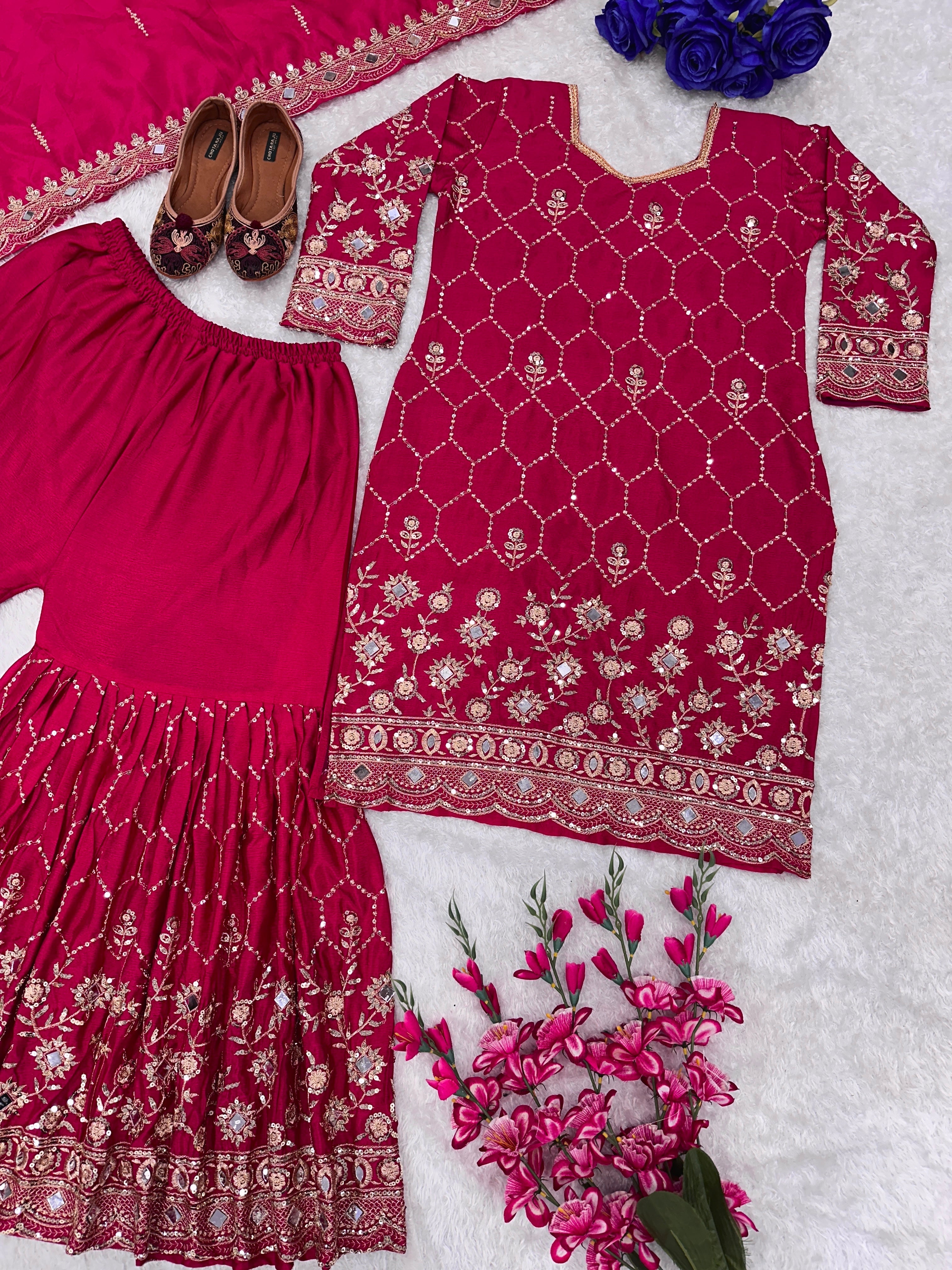 Designer Party Wear Top Plazzo And Dupatta With Real Mirror Work