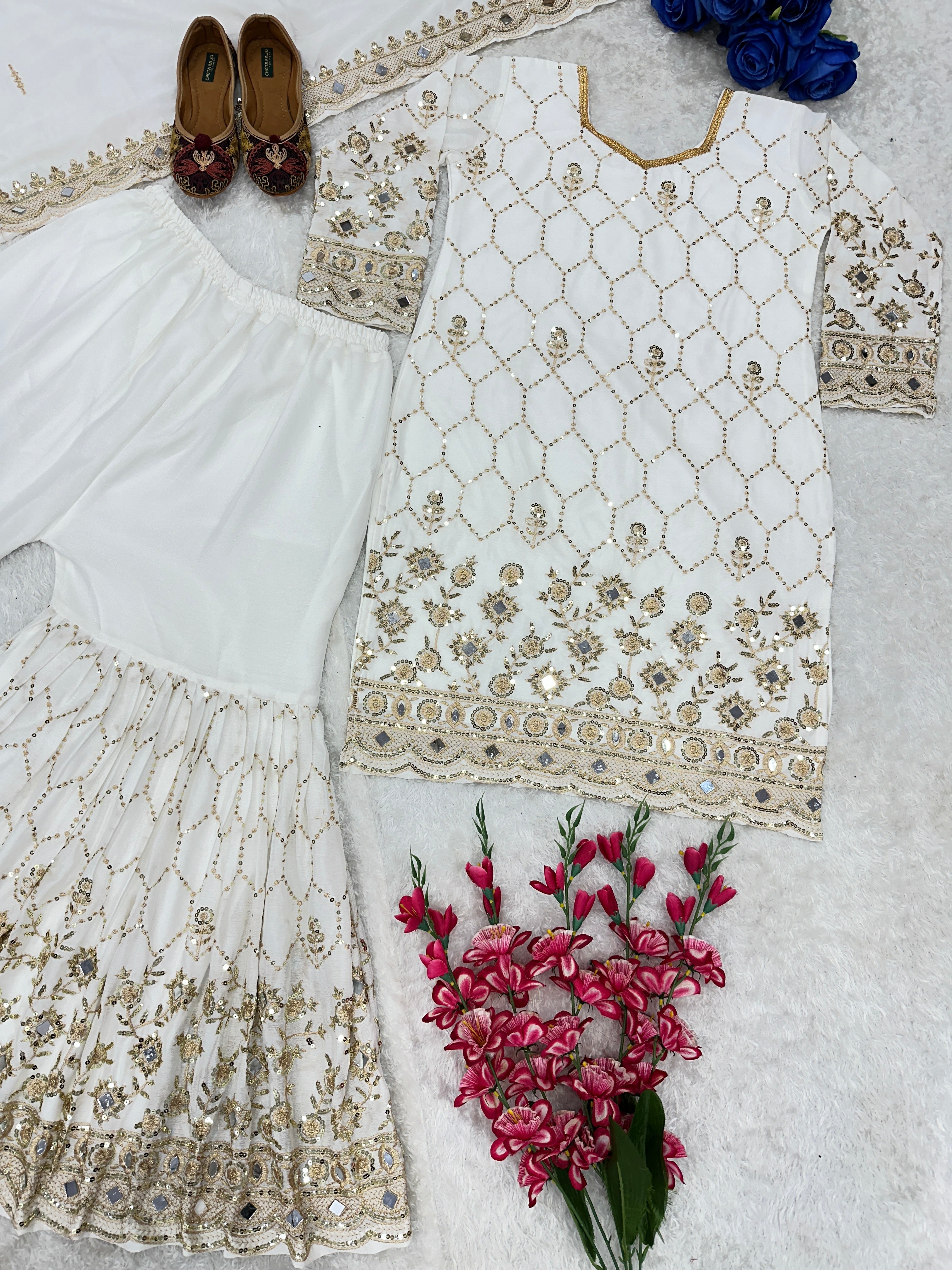 Designer Party Wear Top Plazzo And Dupatta With Real Mirror Work