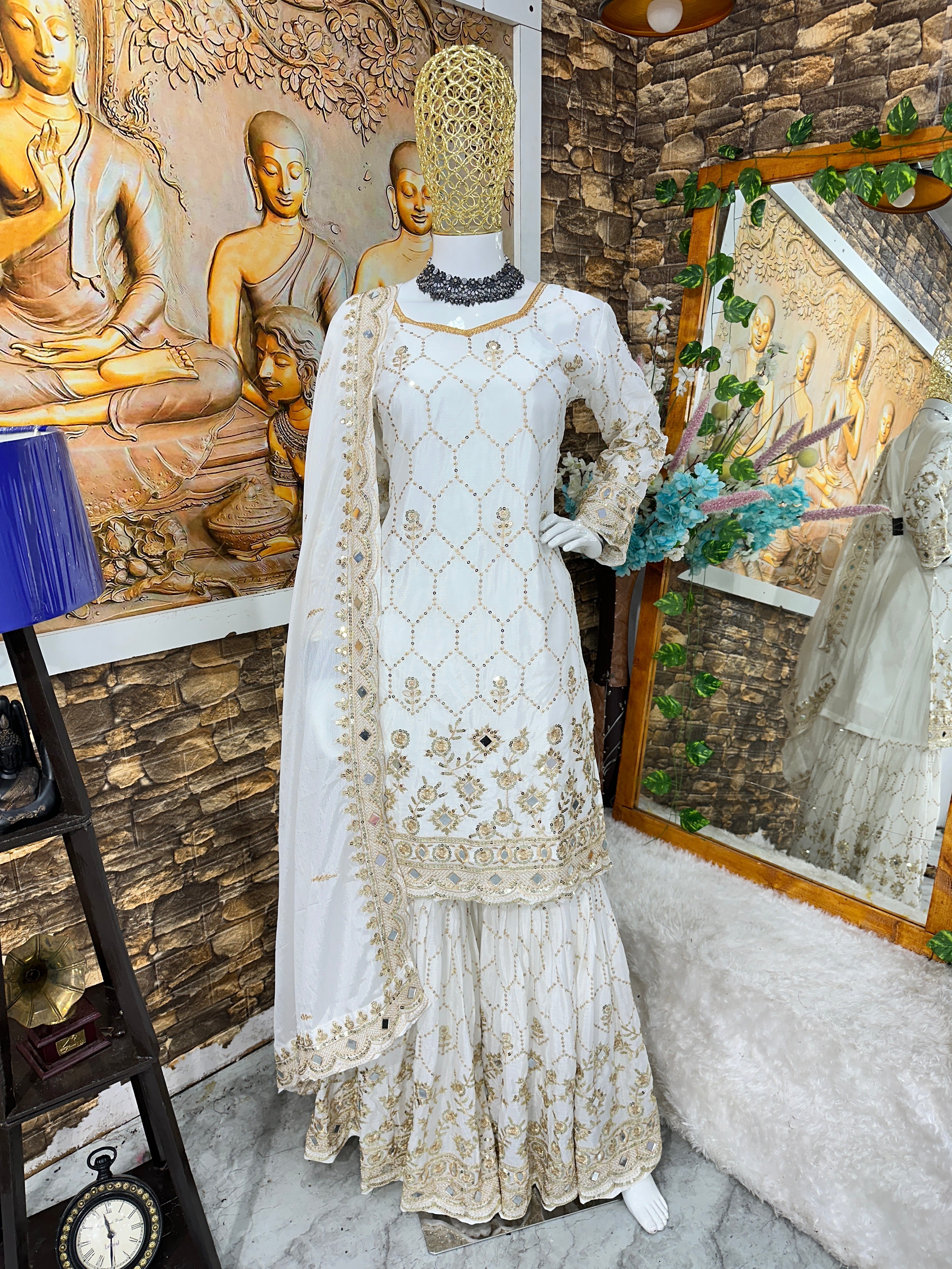Designer Party Wear Top Plazzo And Dupatta With Real Mirror Work