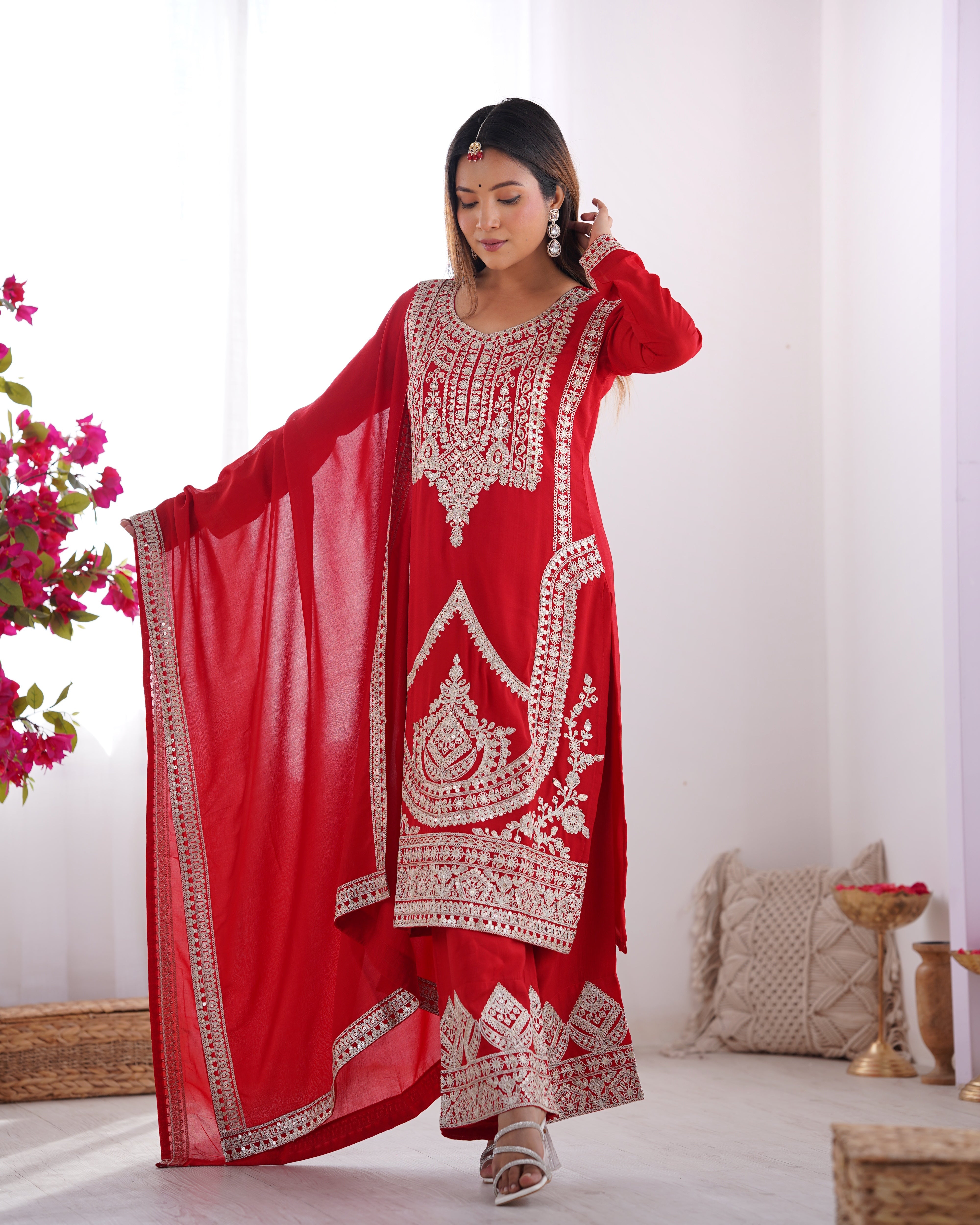 Beautiful Party Wear Top Pent And Dupatta With Embroidery Work
