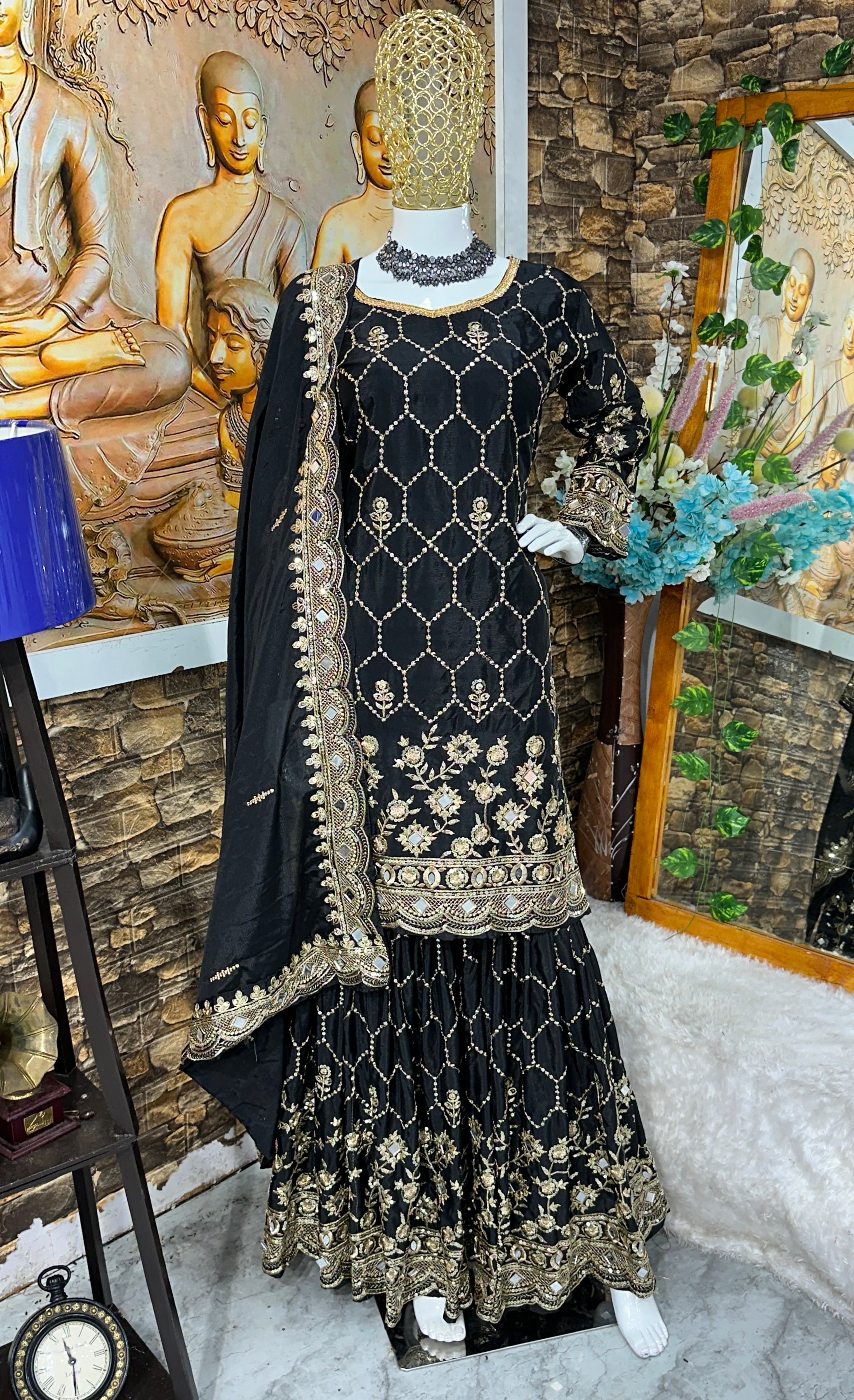 Designer Party Wear Top Plazzo And Dupatta With Real Mirror Work