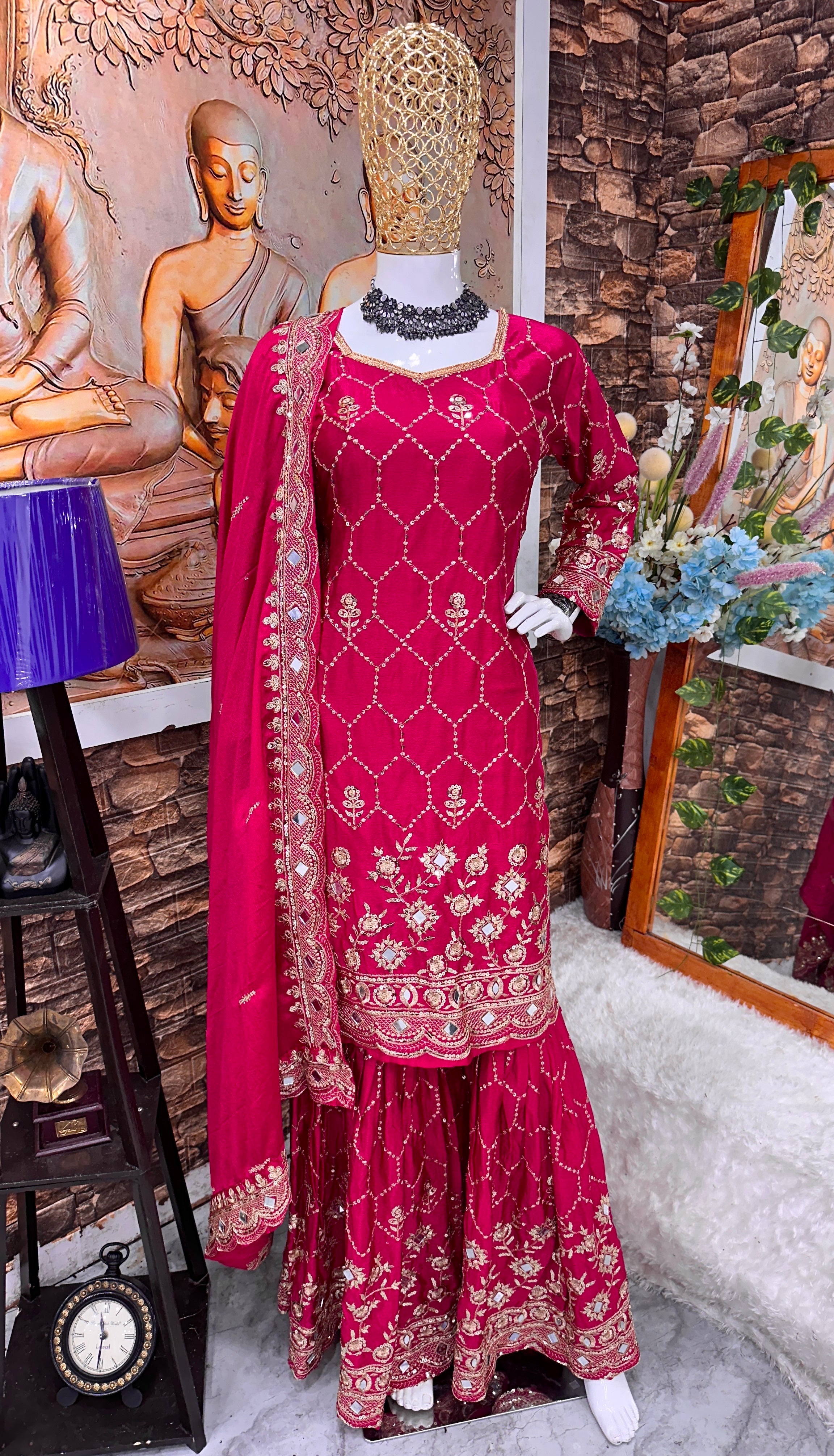 Designer Party Wear Top Plazzo And Dupatta With Real Mirror Work