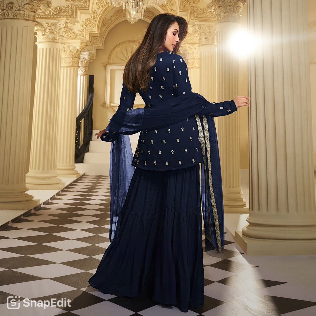 Designer Party Wear Look Top , Sharara Plazzo And Dupatta