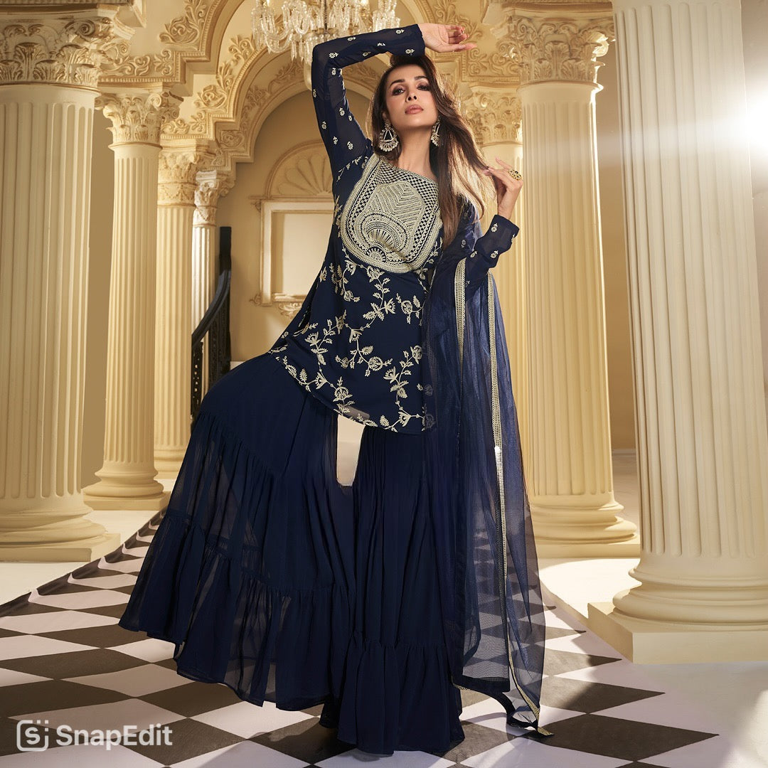 Designer Party Wear Look Top , Sharara Plazzo And Dupatta
