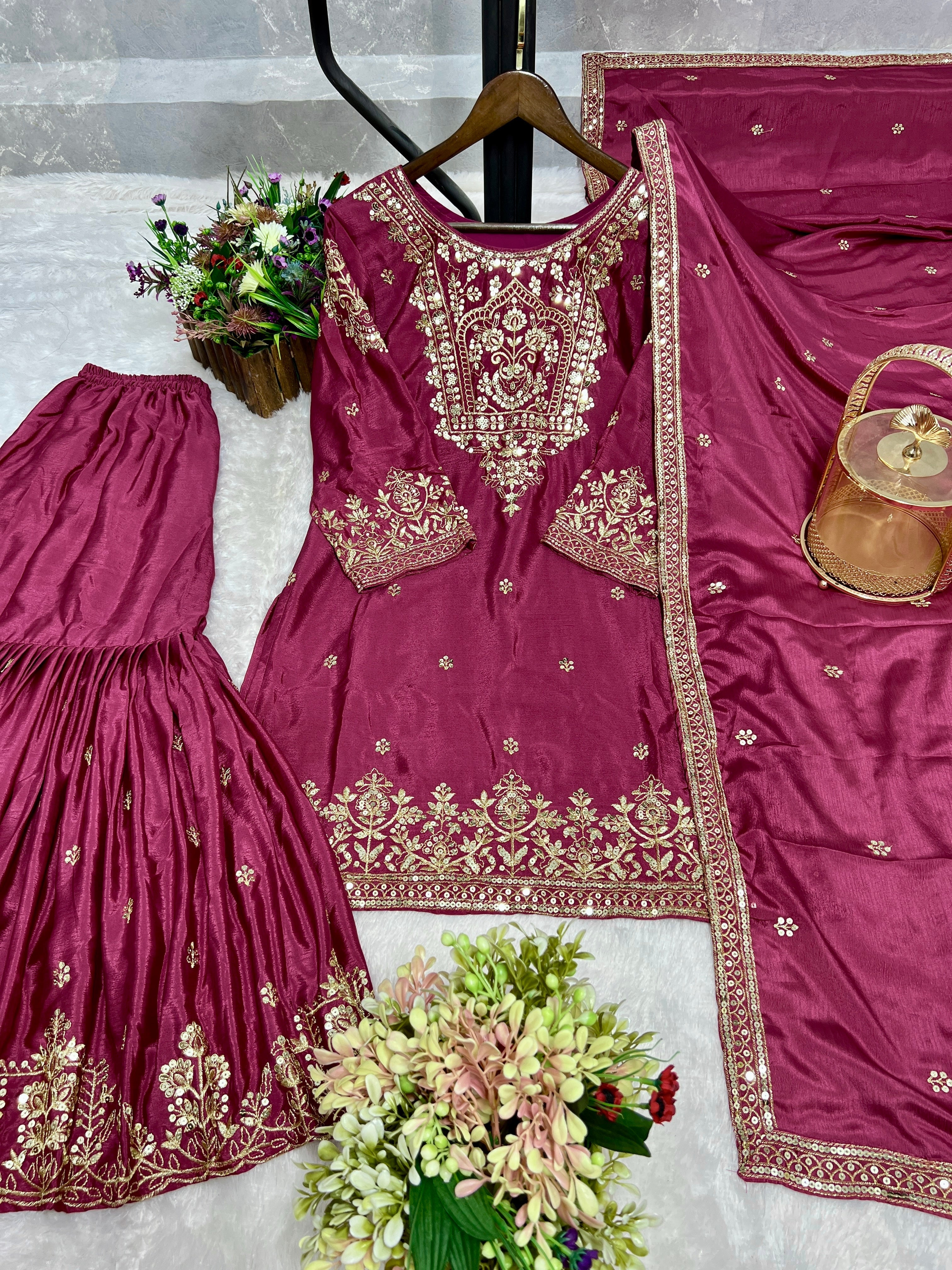 Fancy Top-Sharara And Dupatta With Embroidery And Sequence Work