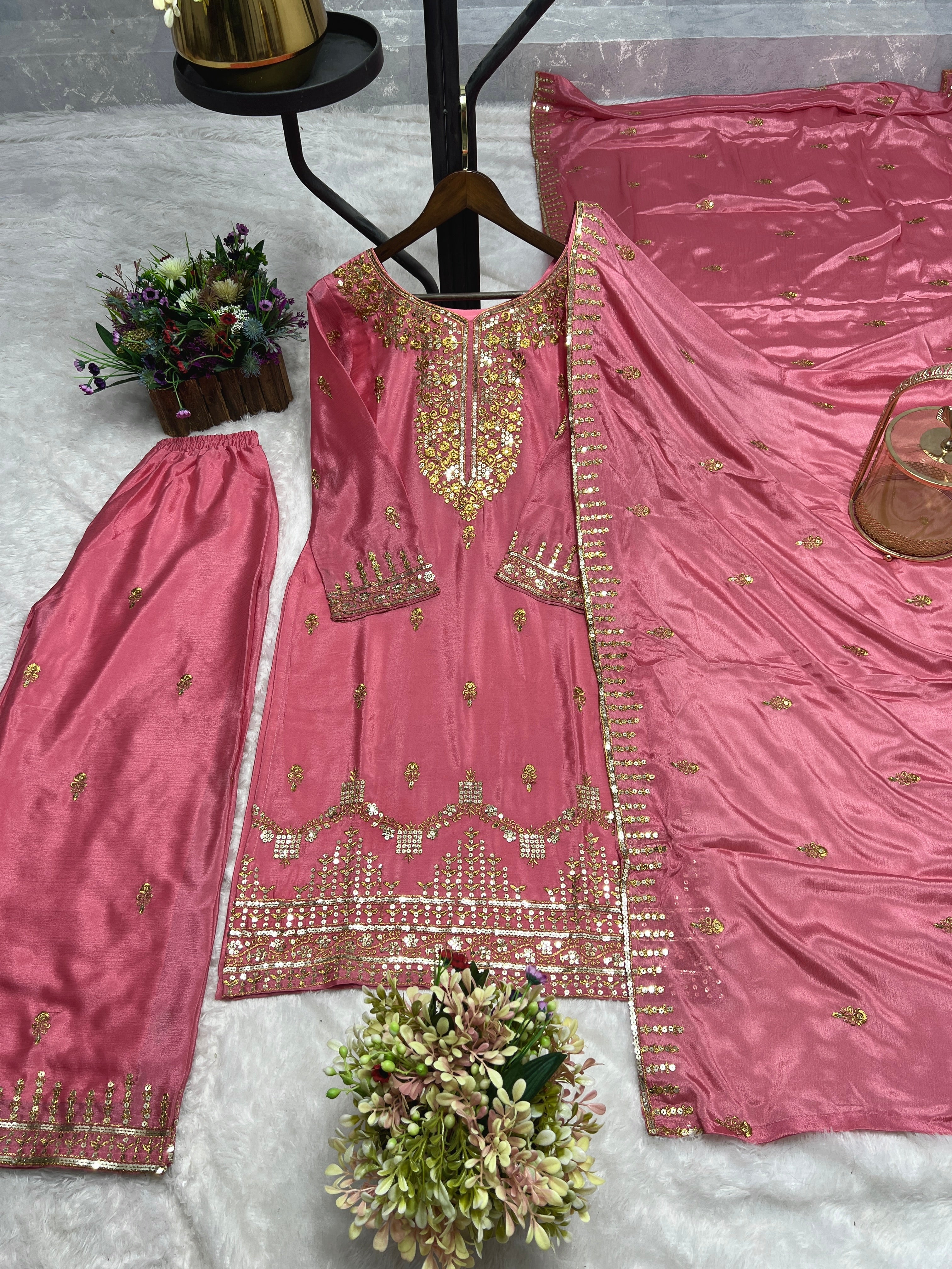 Beautiful Top-Plazzo And Dupatta With Embroidery Sequence Work