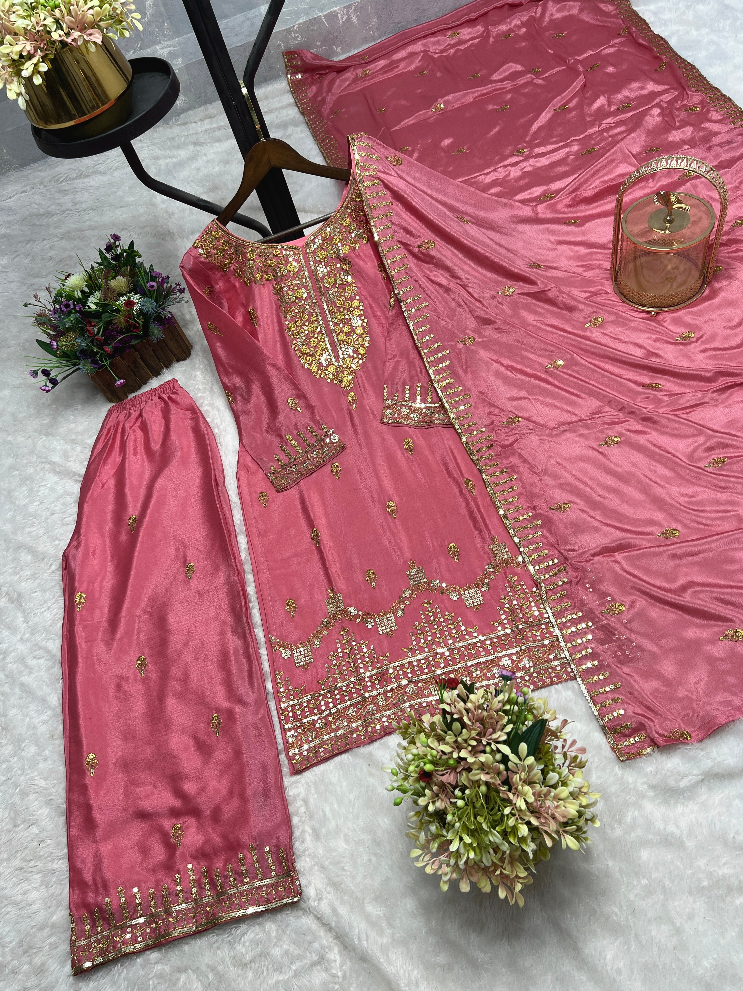 Beautiful Top-Plazzo And Dupatta With Embroidery Sequence Work