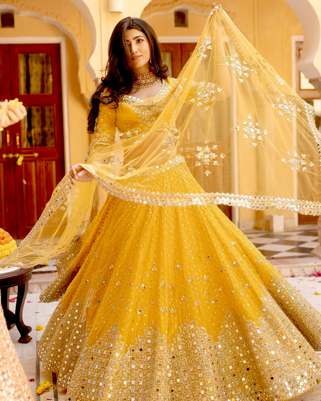 Party Wear Lehenga Choli With Paper Mirror Work