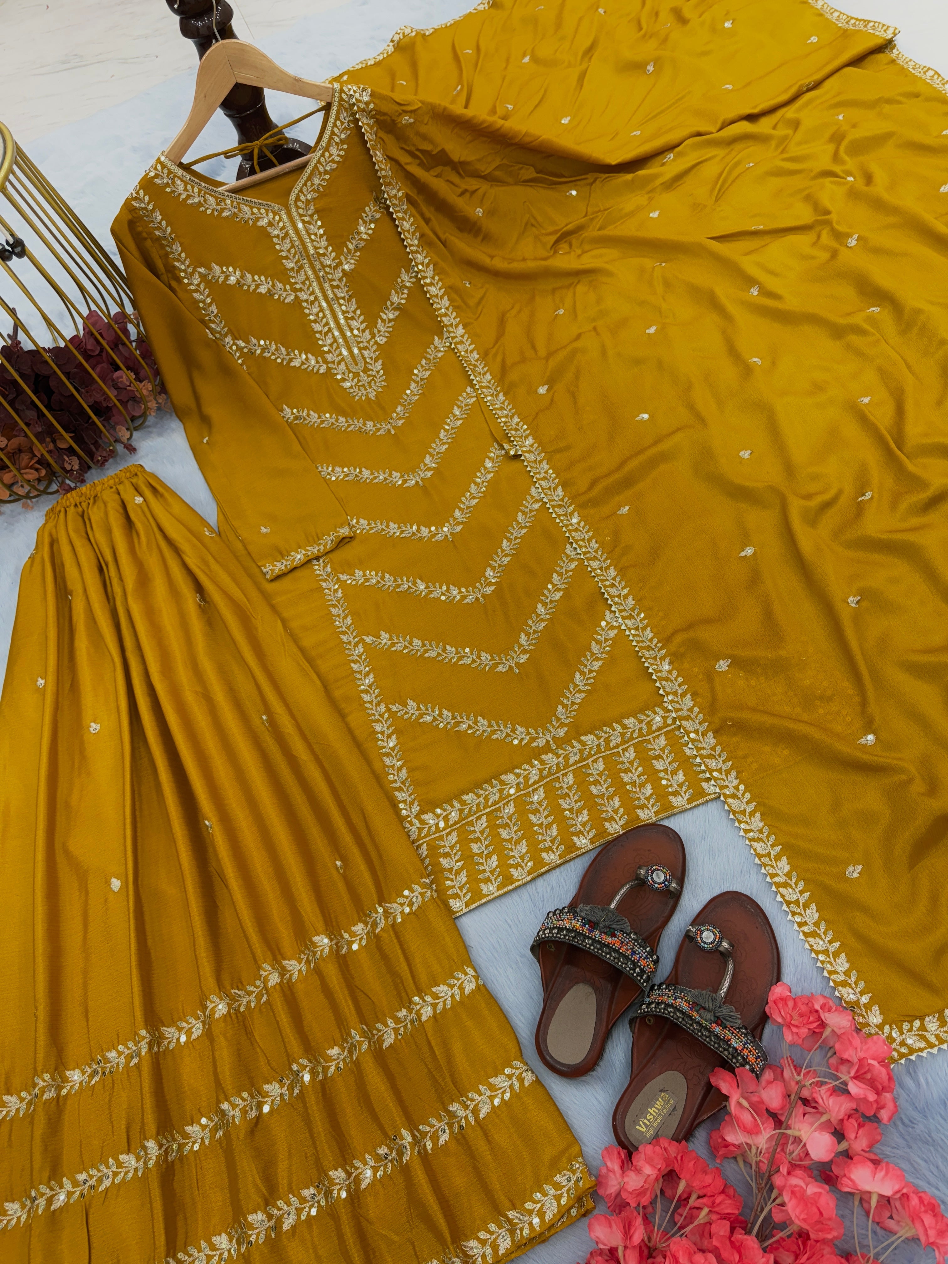 Designer Top Plazzo & Dupatta With Embroidery Sequence Work
