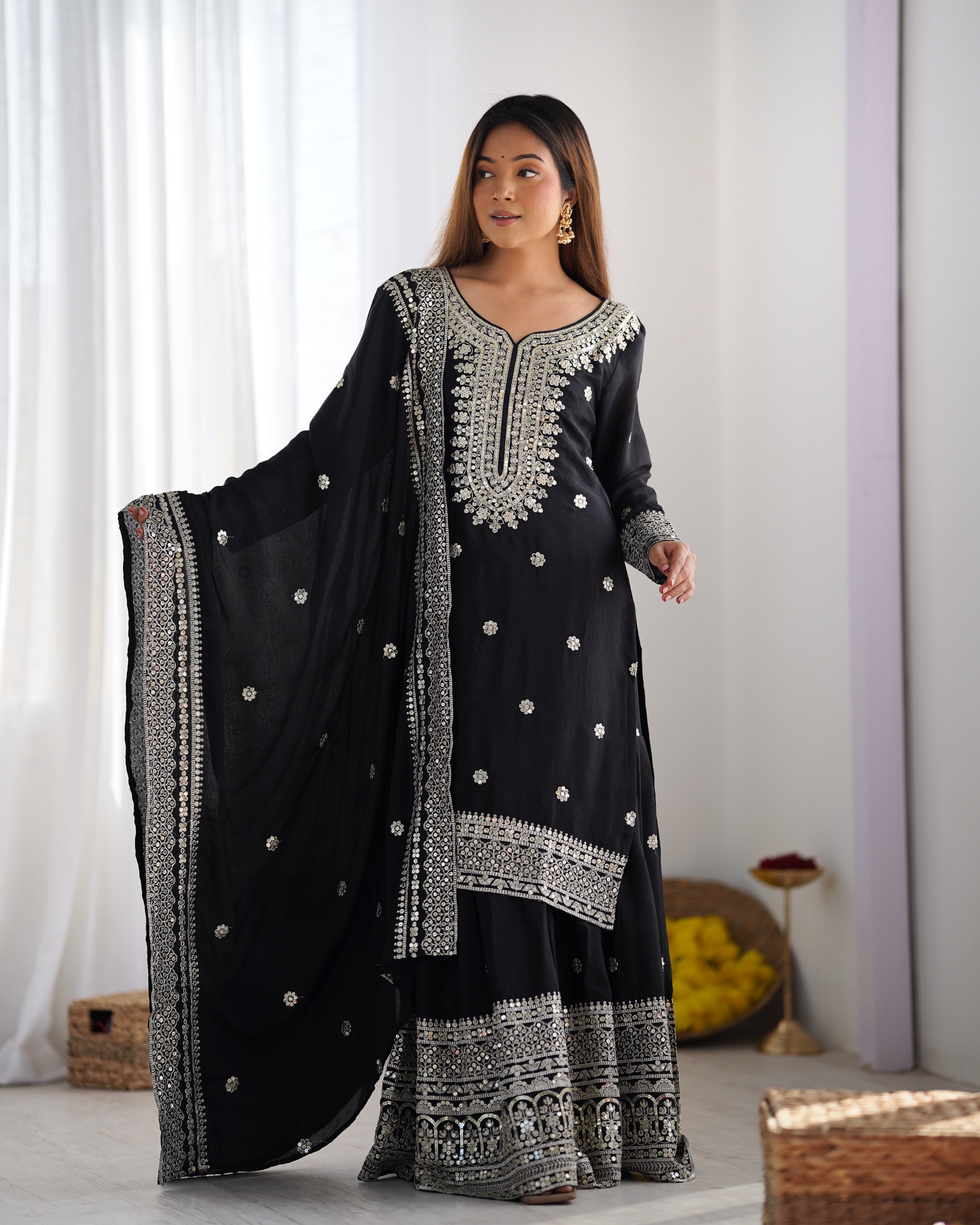 Beautiful Top-Plazo And Dupatta With Heavy Embroidery Sequence Work