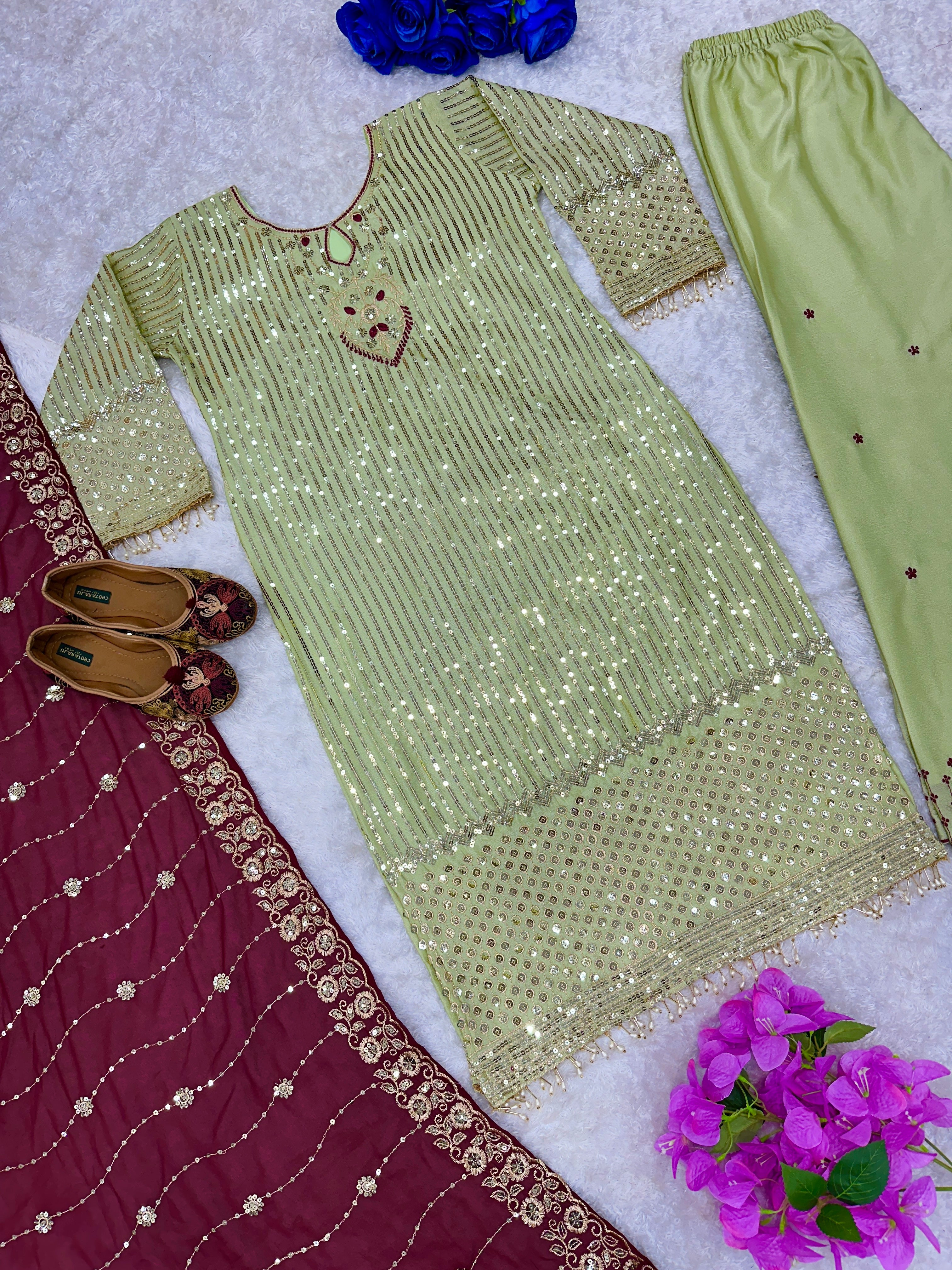 Designer Party Wear Top Bottom And Dupatta With Embroidery Work